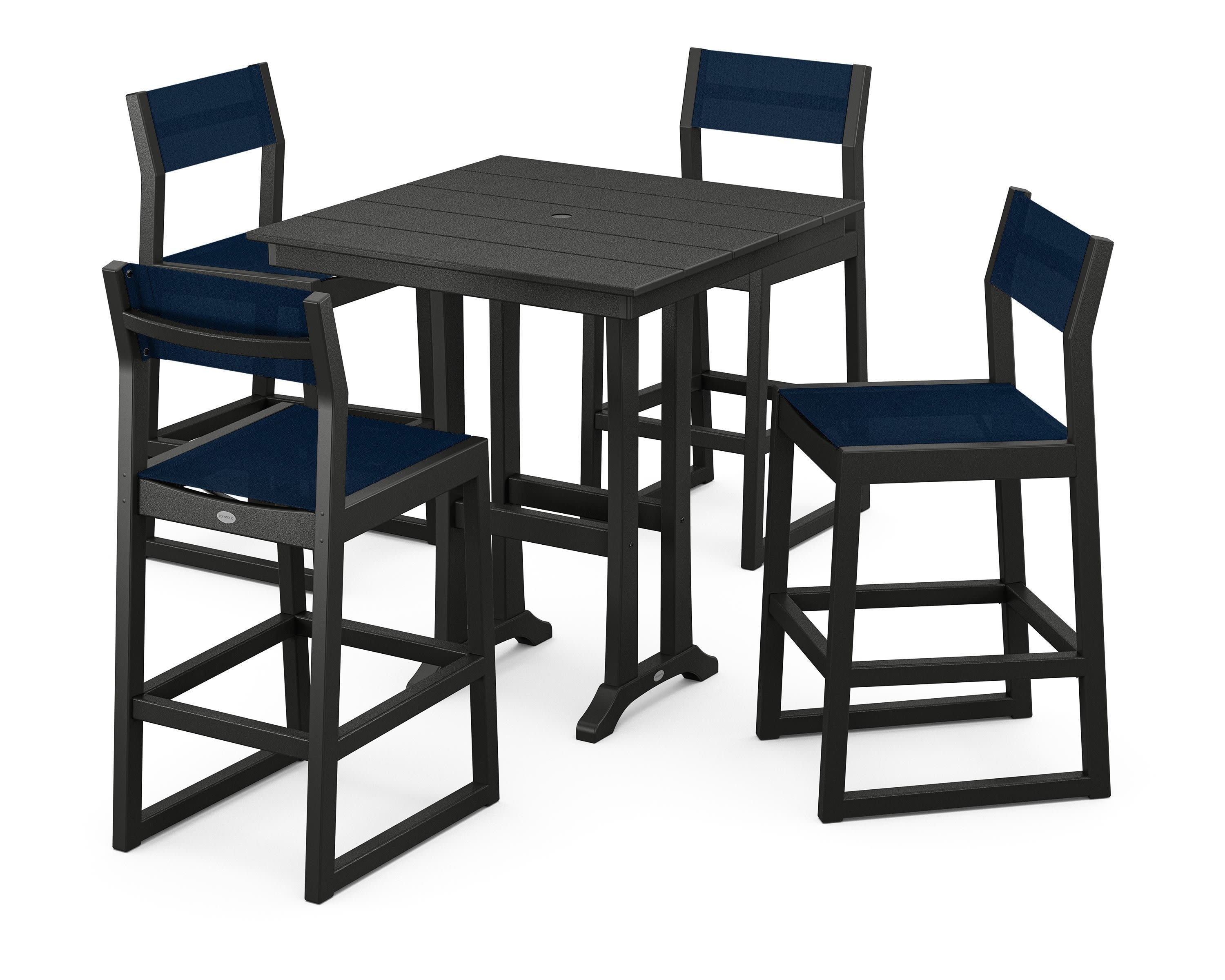 EDGE Sling Arm Chair 5-Piece Farmhouse Bar Set with Trestle Legs in Black / Navy Blue Sling