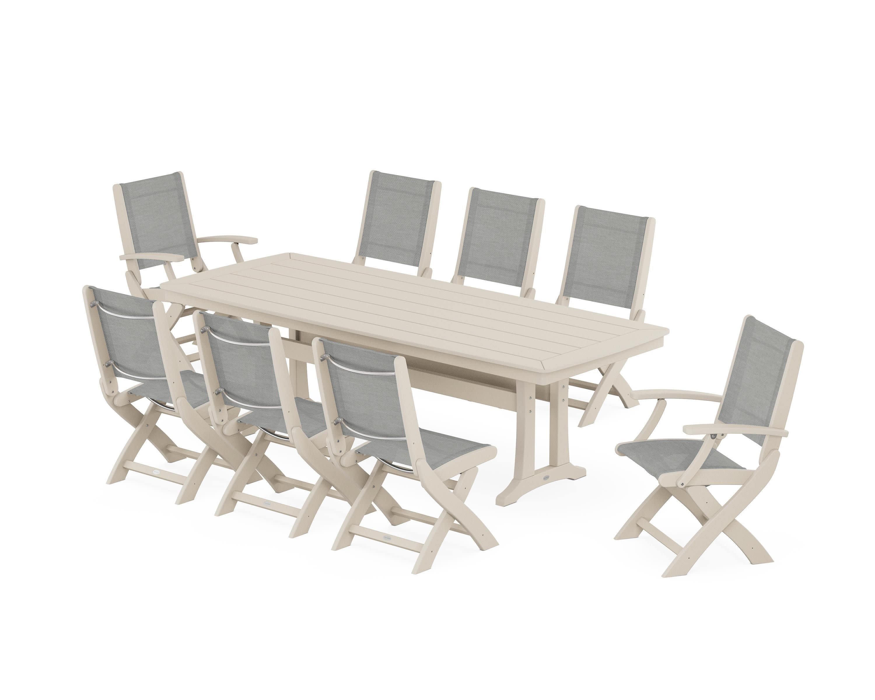 Coastal Folding 9-Piece Dining Set with Trestle Legs in Sand / Metallic Sling