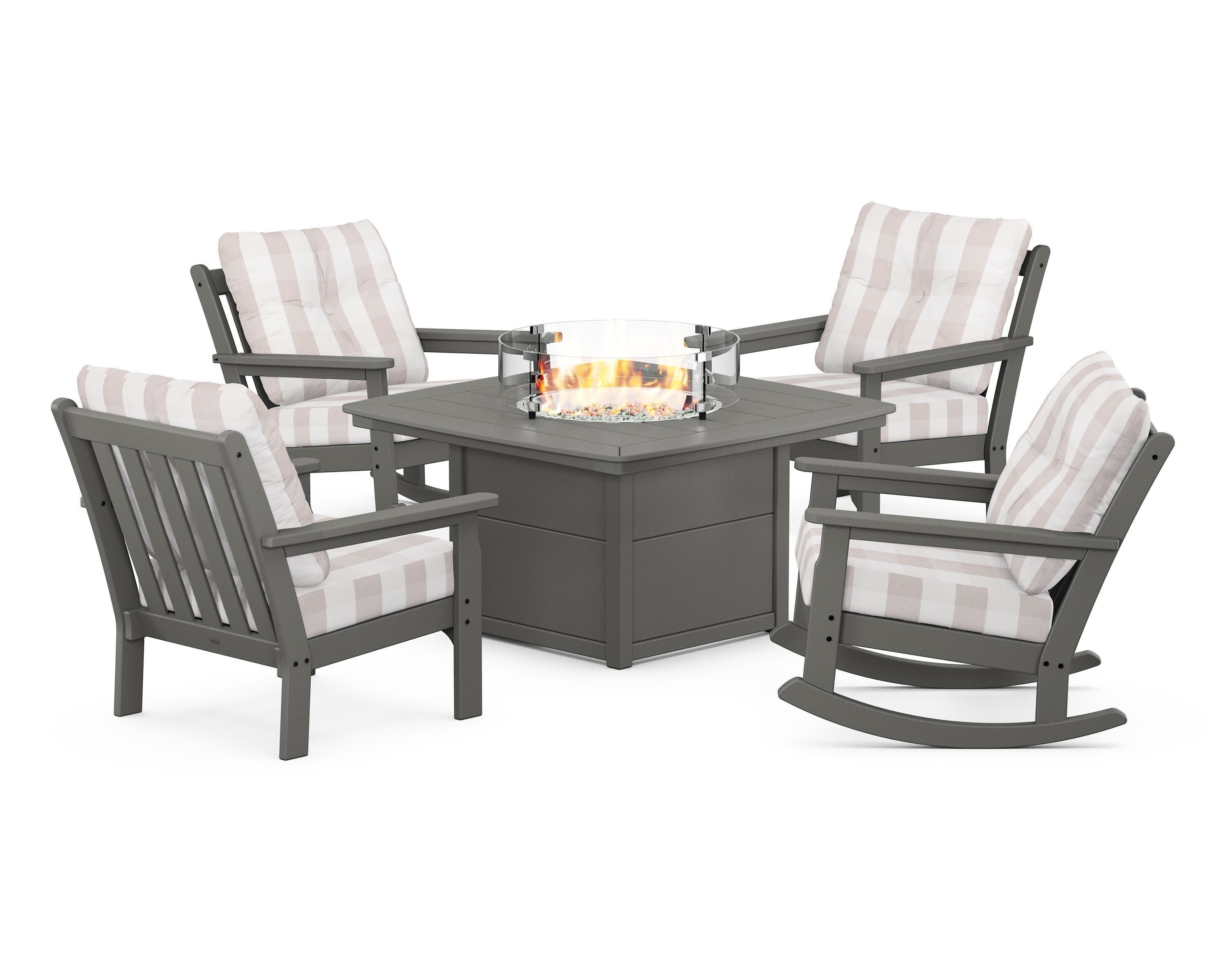 Vineyard 5-Piece Deep Seating Rocking Chair Conversation Set with Fire Pit Table in Slate Grey / Buffalo Plaid Dune Burlap