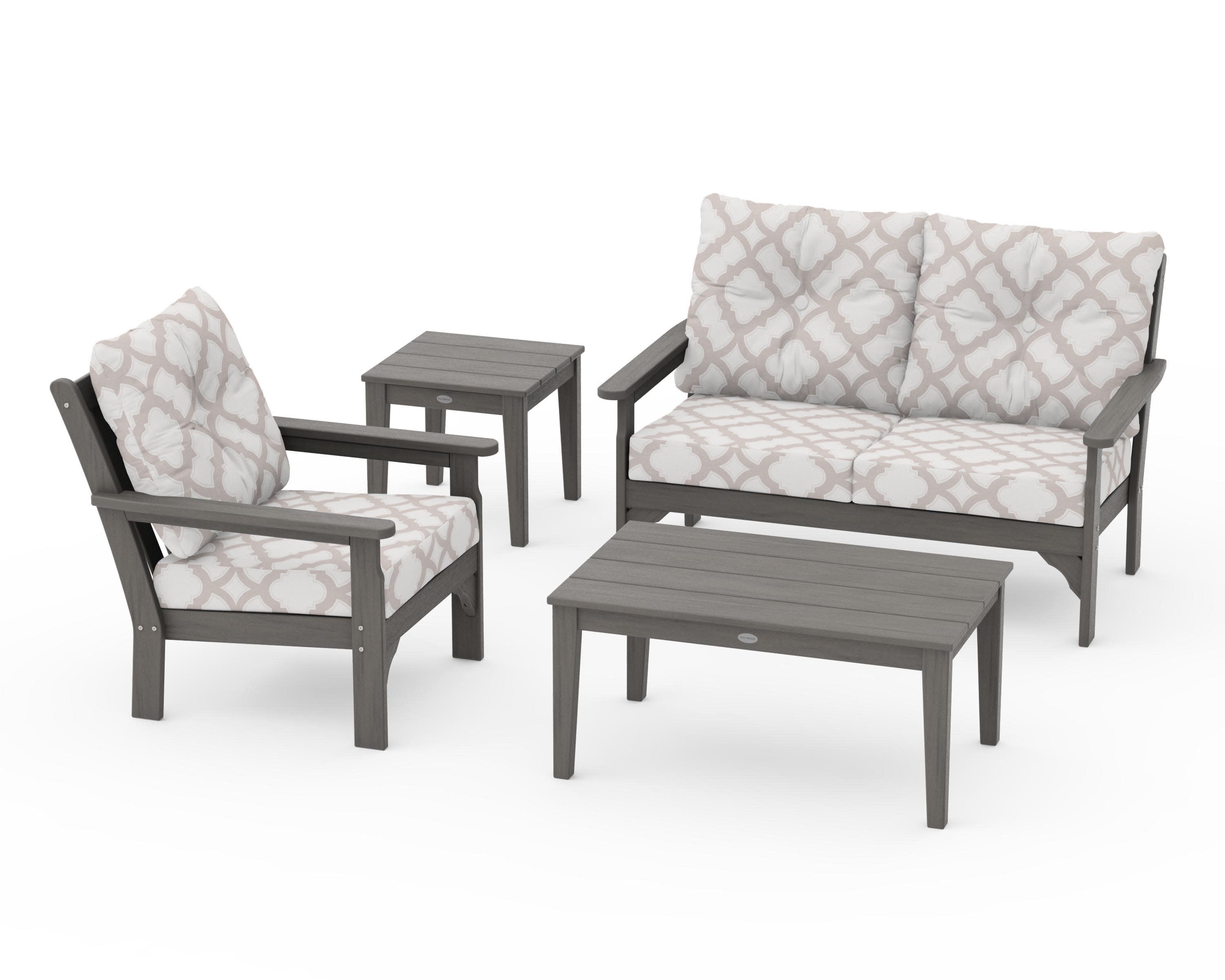 Vineyard 4-Piece Deep Seating Set in Driftwood / Trellis Dune Burlap
