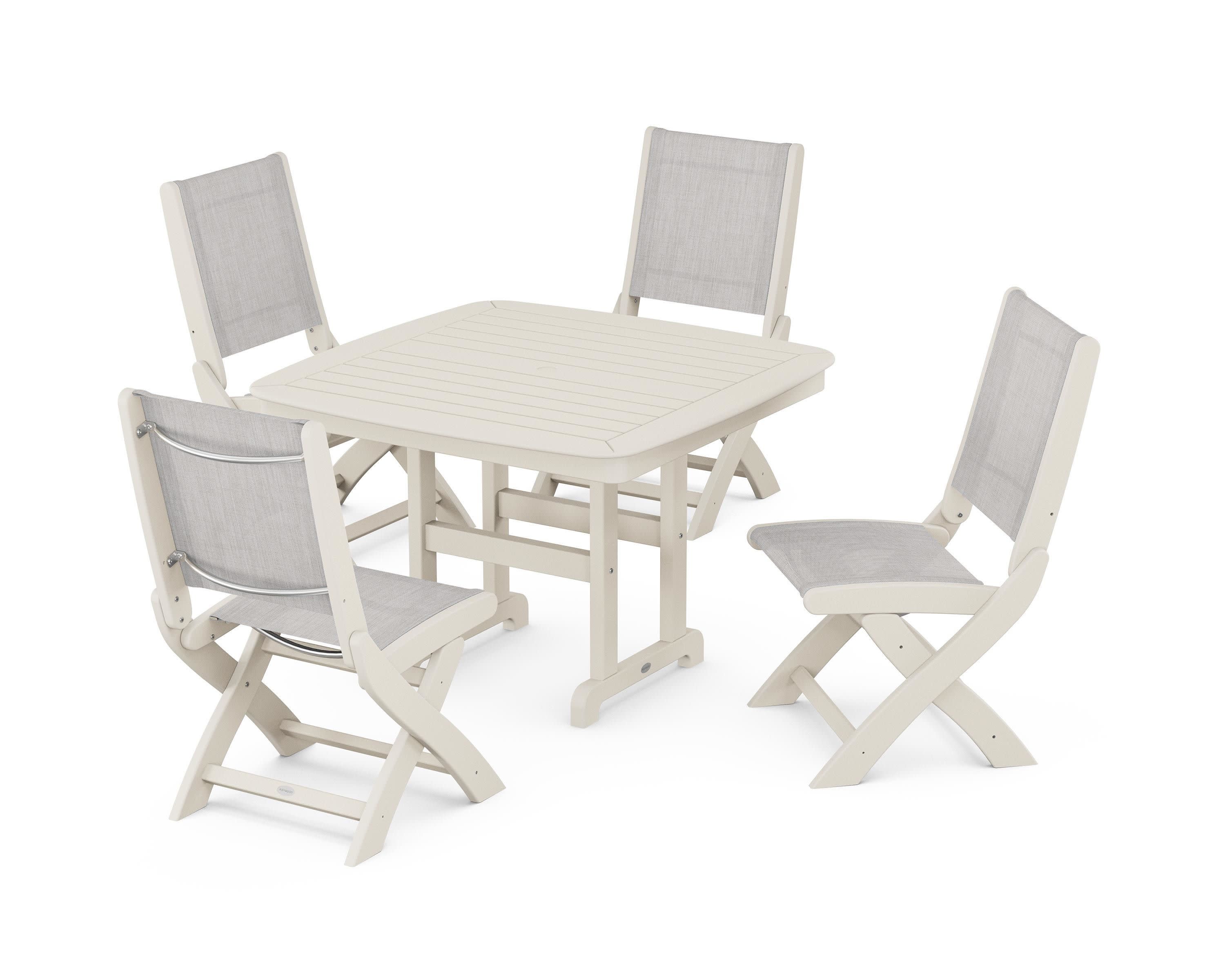 Coastal Folding Side Chair 5-Piece Dining Set in Sand / Parchment Sling
