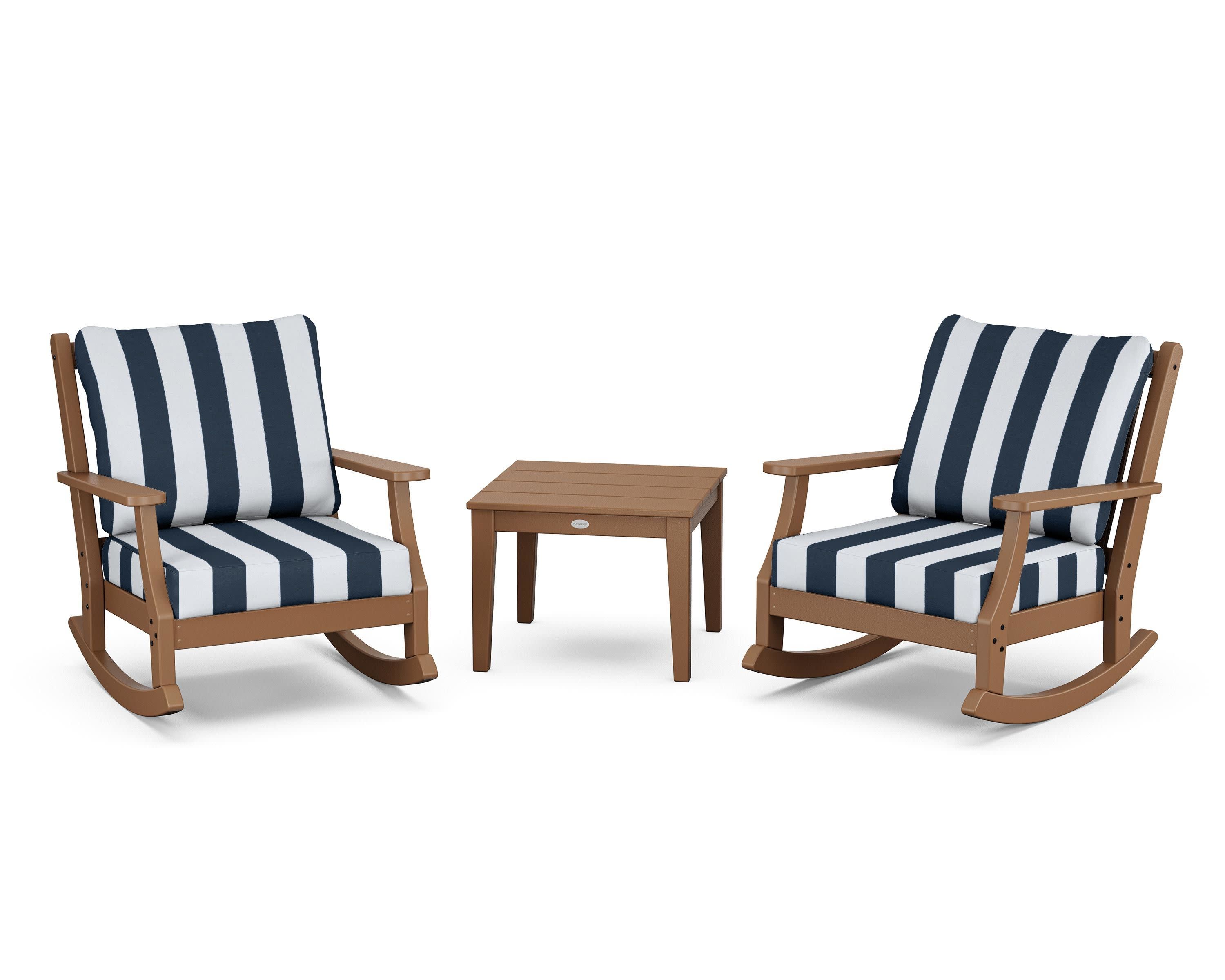 Wovendale 3-Piece Deep Seating Rocker Set in Teak / Cabana Stripe Marine Indigo