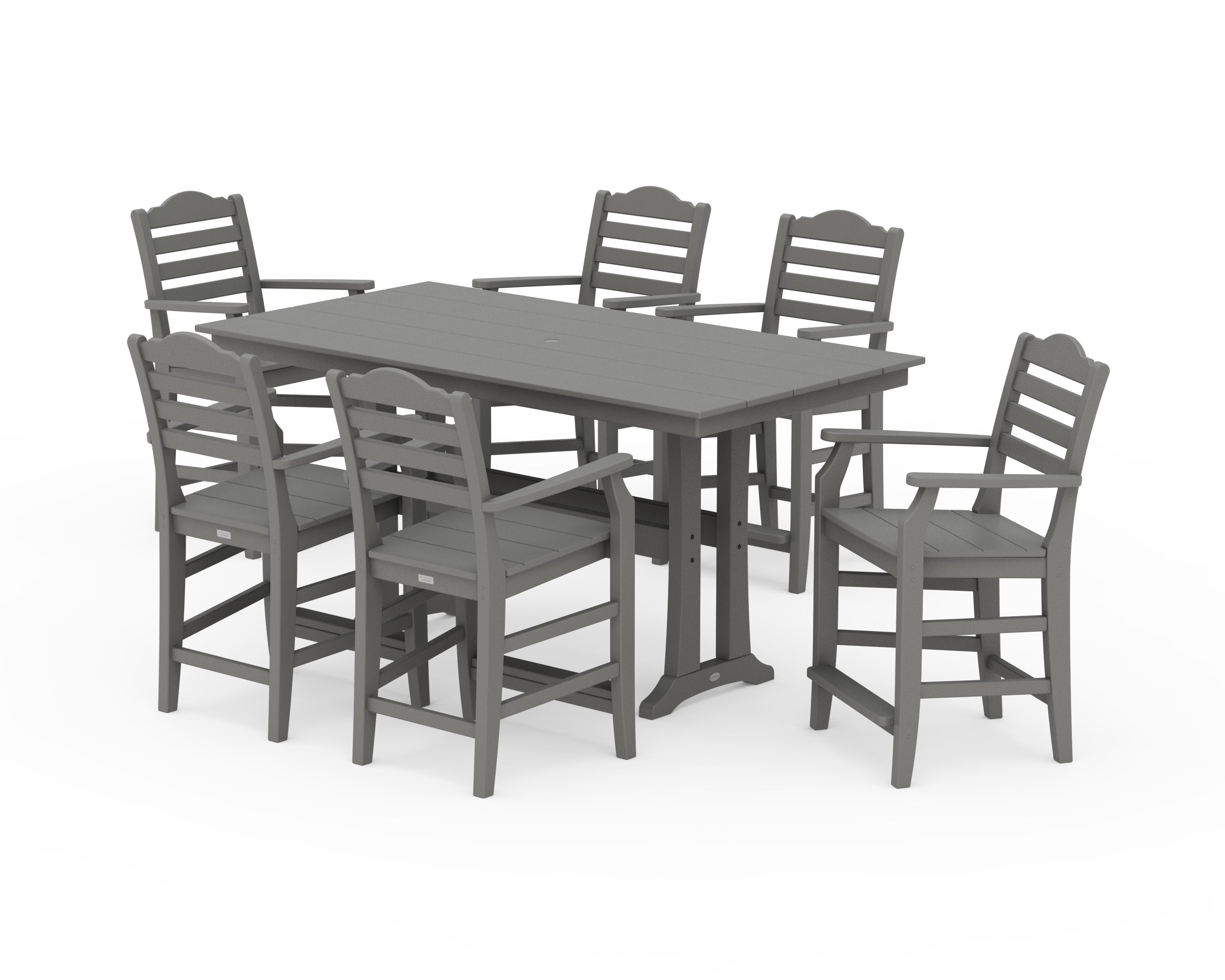 Savannah Arm Chair 7-Piece Farmhouse Counter Set with Trestle Legs in Slate Grey