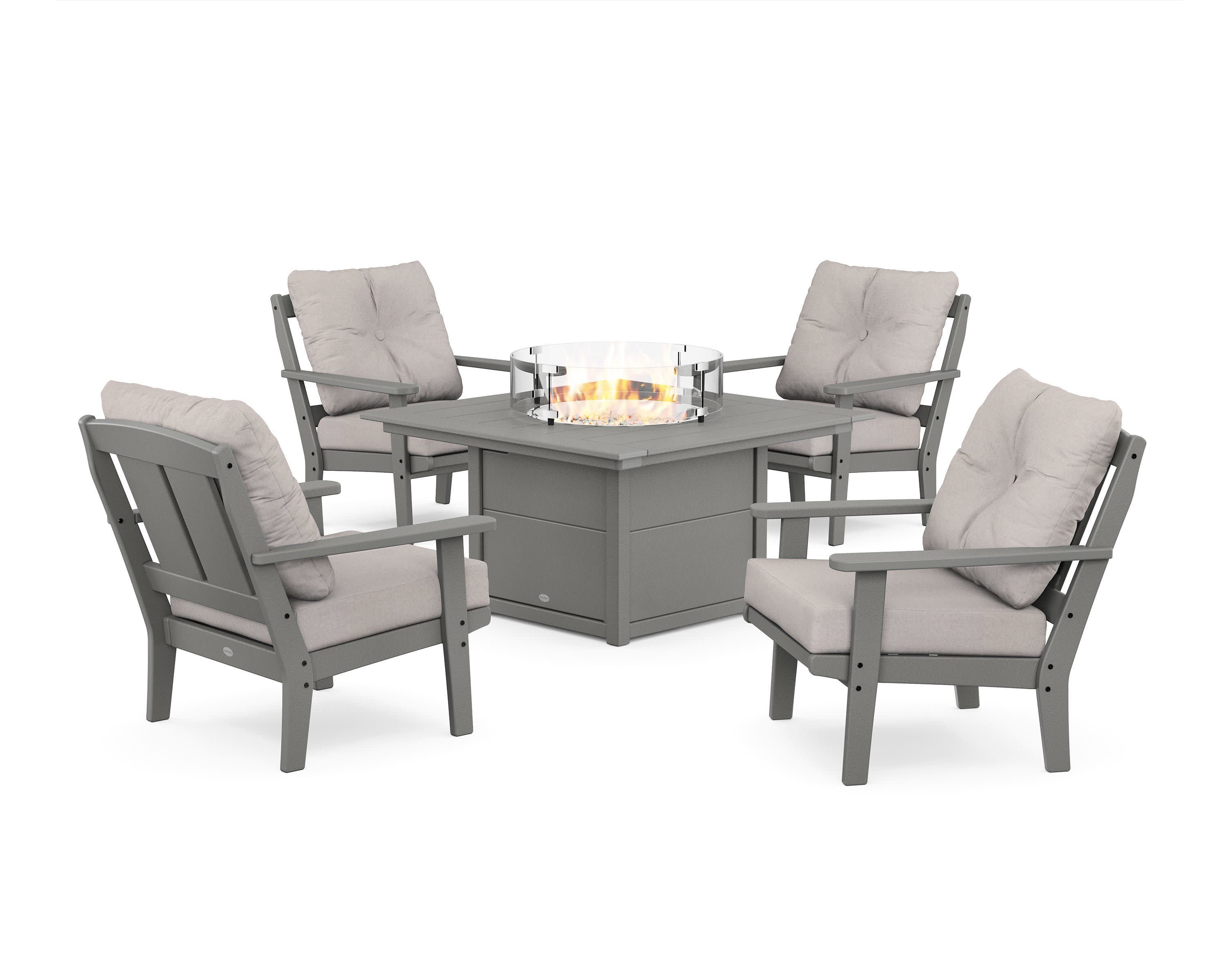 Mission 5-Piece Deep Seating Set with Fire Pit Table in Slate Grey / Dune Burlap