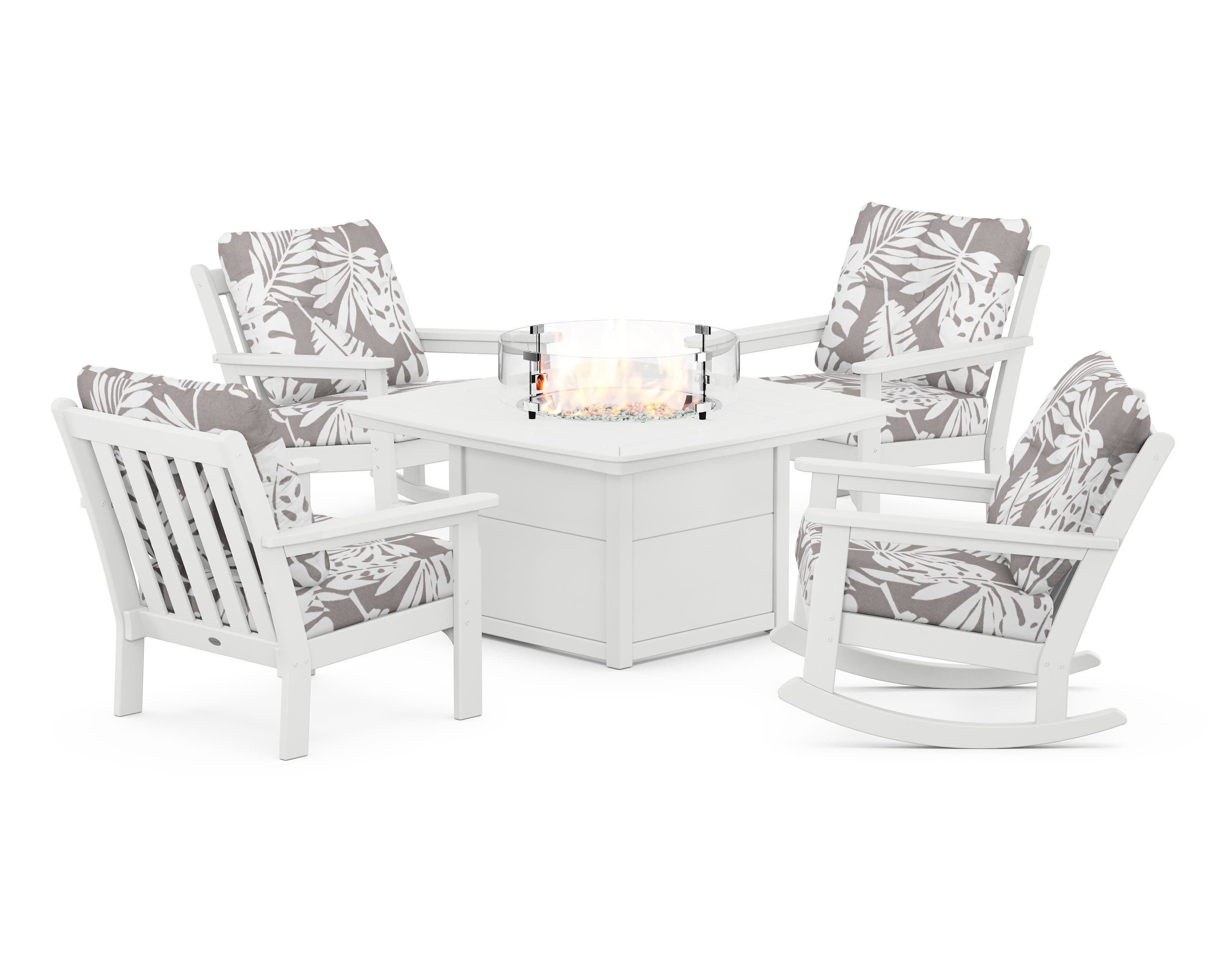 Vineyard 5-Piece Deep Seating Rocking Chair Conversation Set with Fire Pit Table in White / Leaf Grey Mist