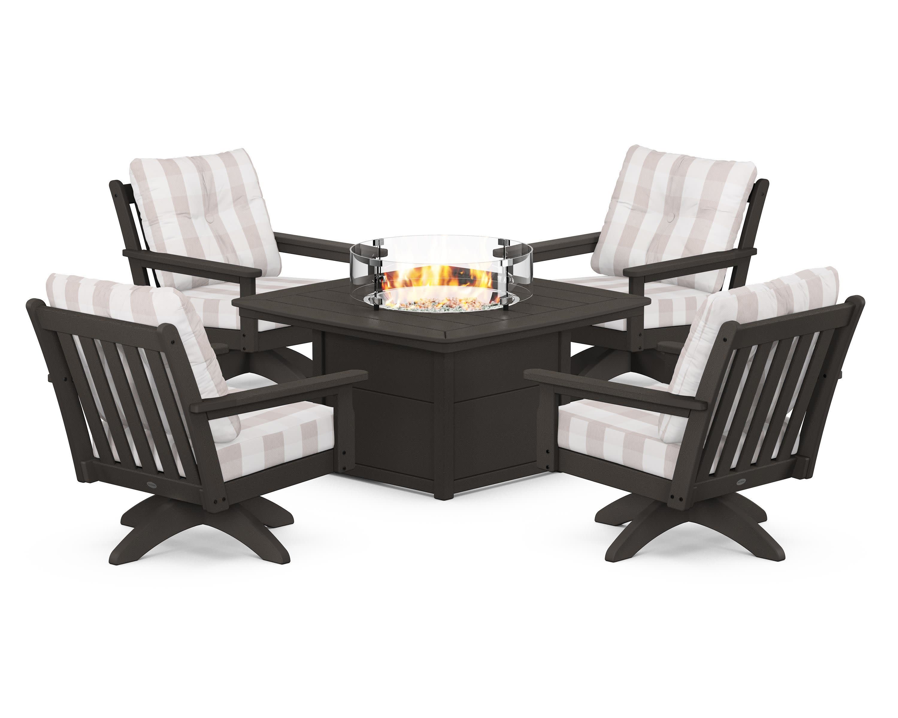 Vineyard 5-Piece Deep Seating Swivel Conversation Set with Fire Pit Table in Vintage Coffee / Buffalo Plaid Dune Burlap