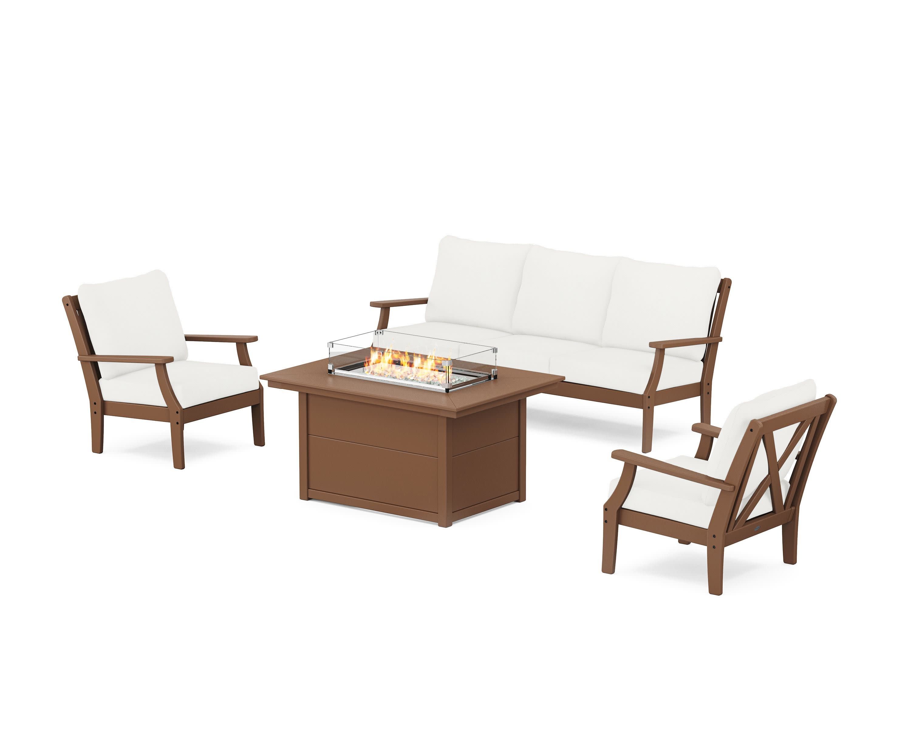 Braxton Deep Seating Fire Pit Table Set in Teak / Natural Linen