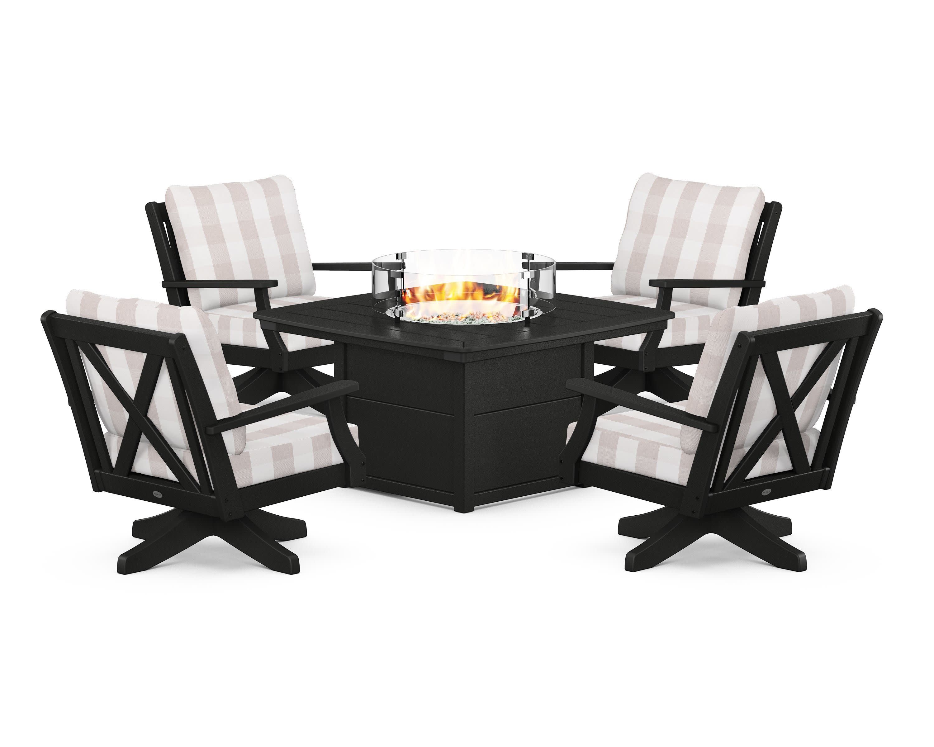 Braxton 5-Piece Deep Seating Swivel Conversation Set with Fire Pit Table in Black / Buffalo Plaid Dune Burlap