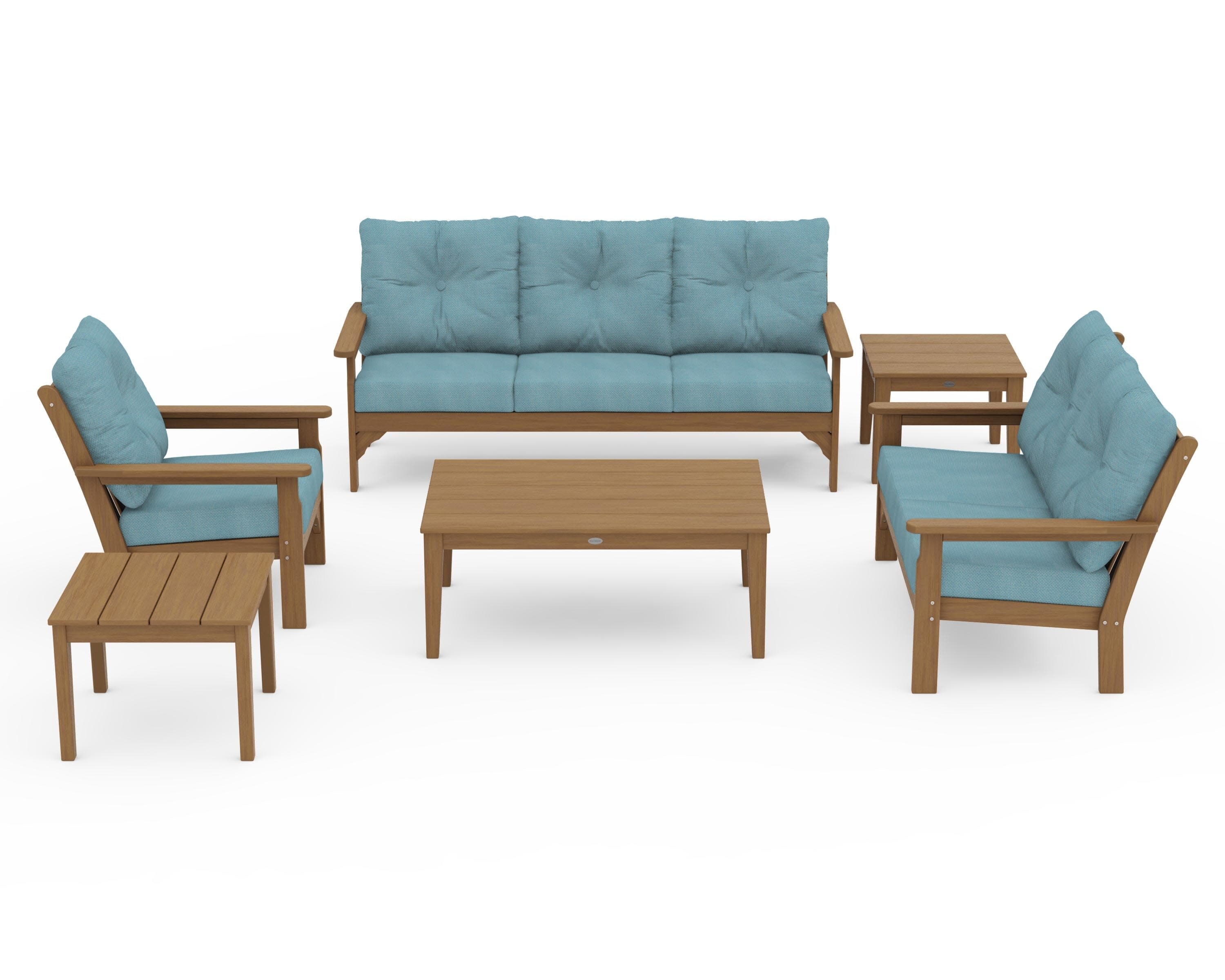Vineyard 6-Piece Deep Seating Set in Natural / Lattice Sky Blue