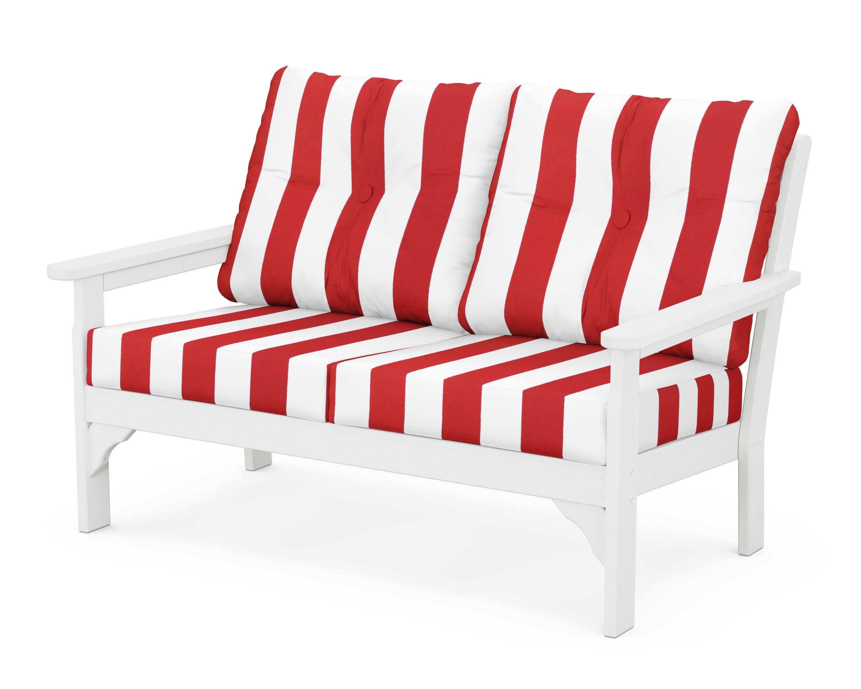 Vineyard Deep Seating Loveseat in White / Cabana Stripe Crimson