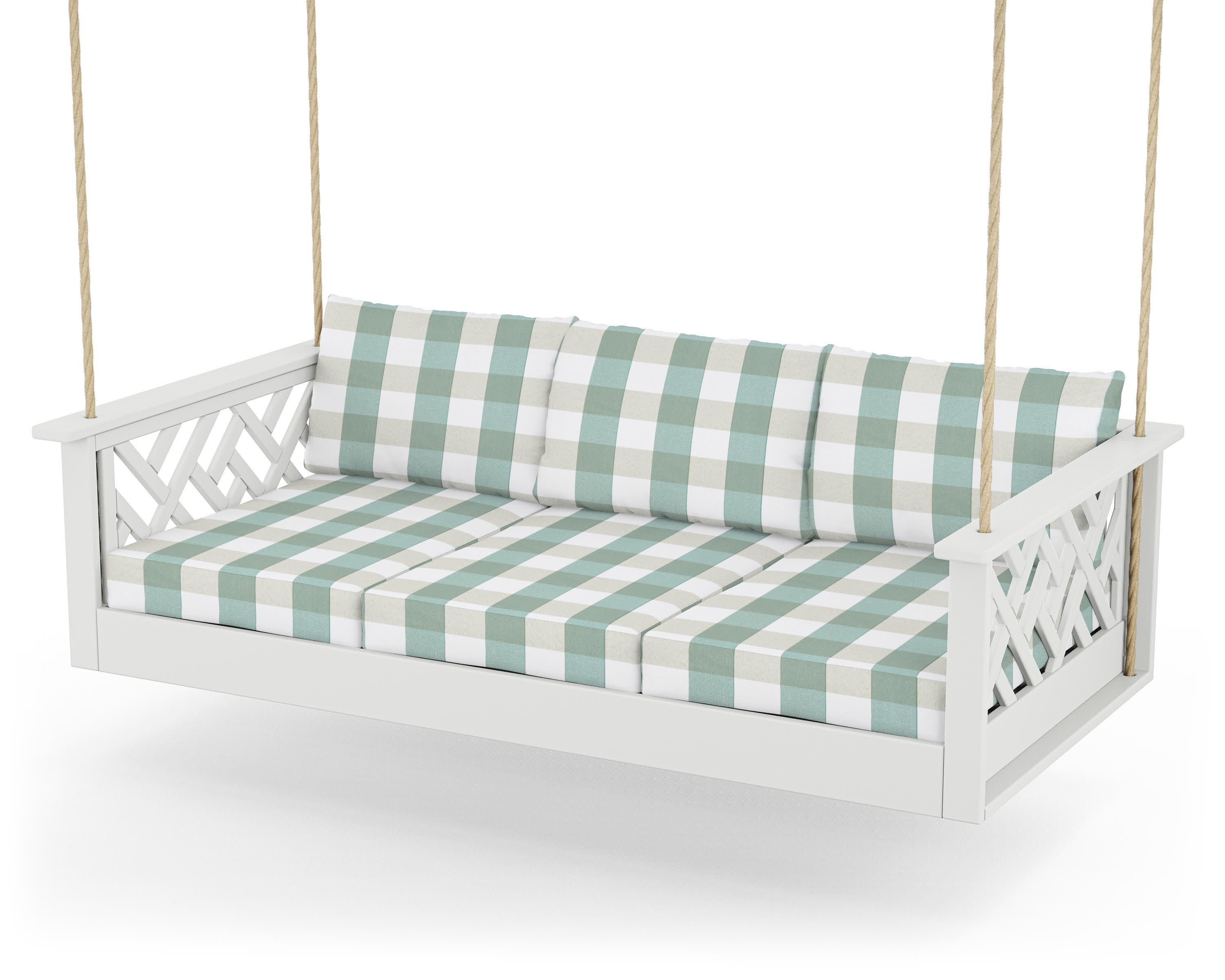 Chippendale Daybed Swing in White / Buffalo Plaid Glacier Spa