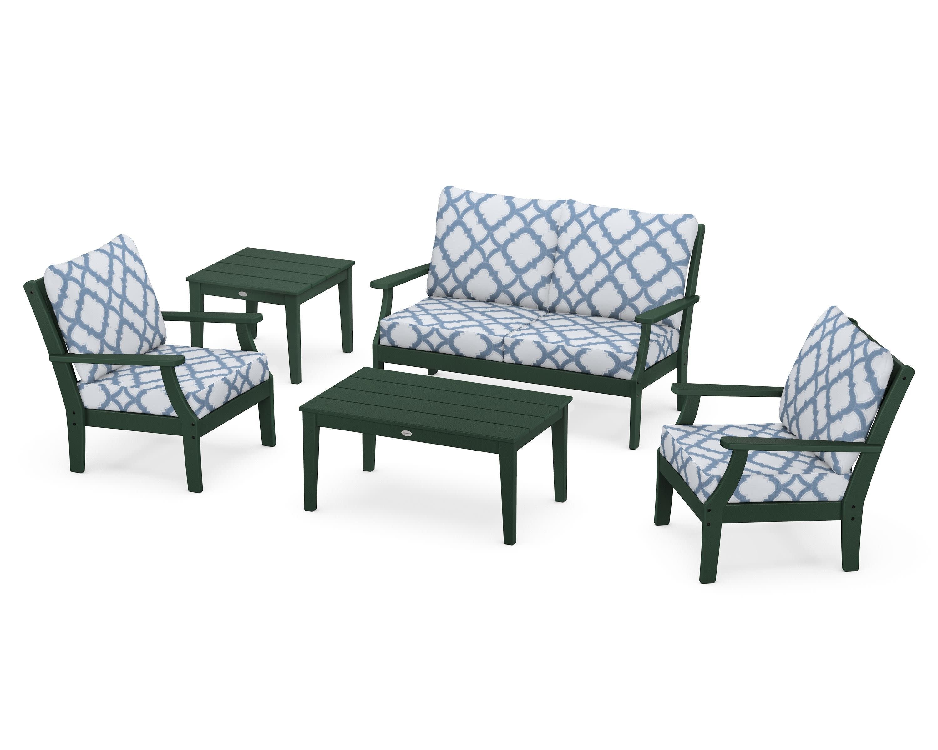 Braxton 5-Piece Deep Seating Set in Green / Trellis Sky Blue