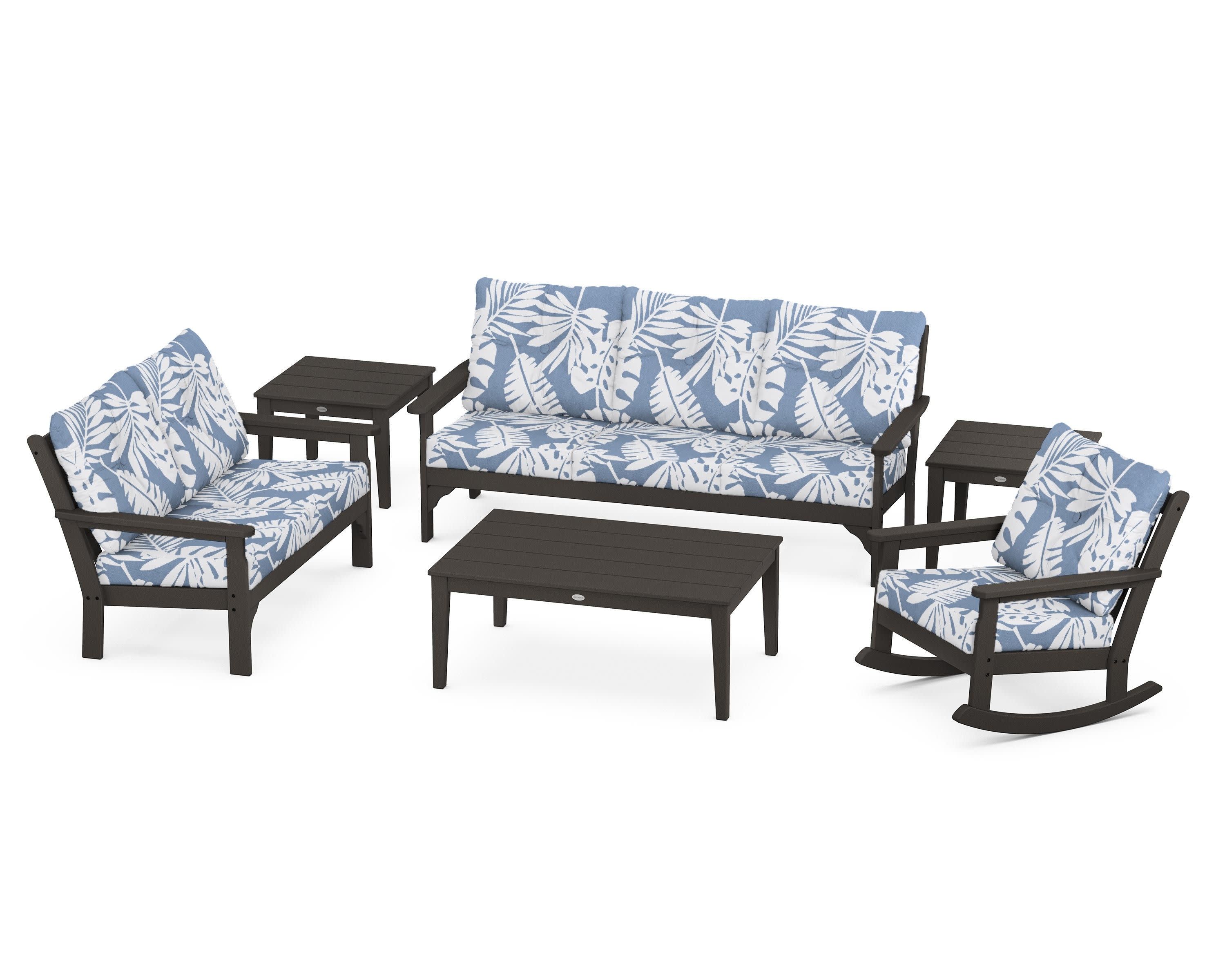 Vineyard 6-Piece Deep Seating Set in Vintage Coffee / Leaf Sky Blue