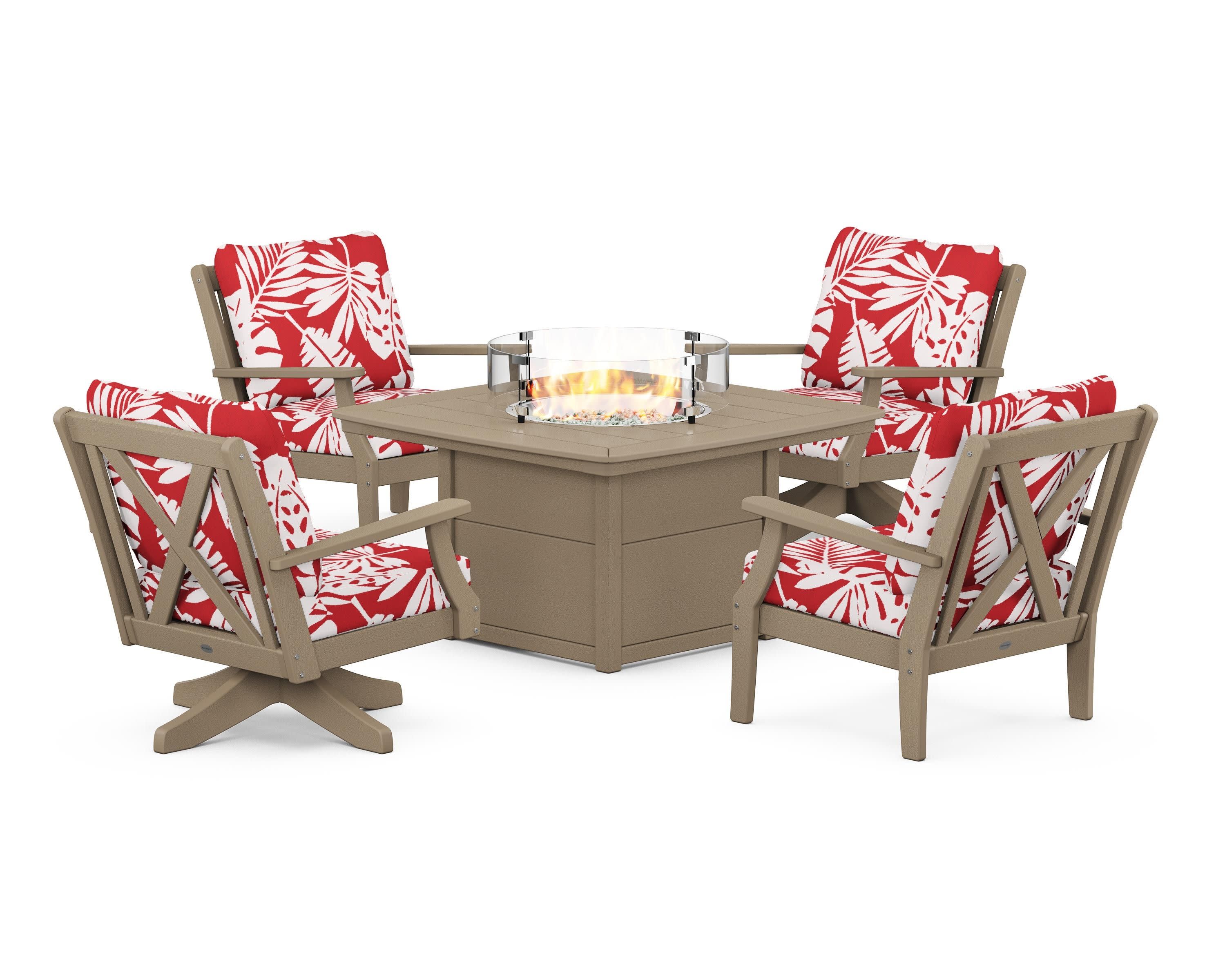 Braxton 5-Piece Deep Seating Set with Fire Table in Vintage Sahara / Leaf Crimson