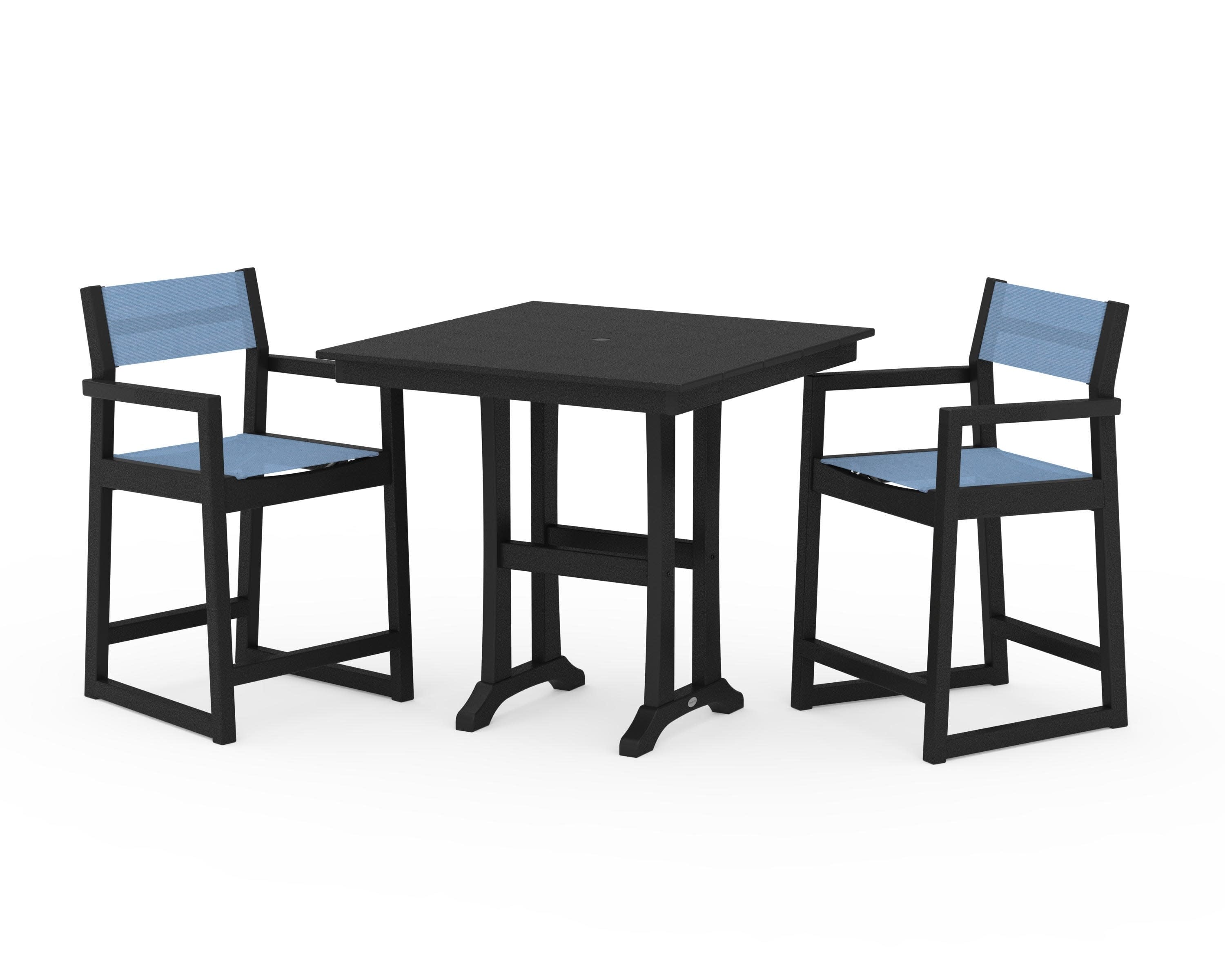 EDGE Sling Arm Chair 3-Piece Farmhouse Counter Set with Trestle Legs in Black / Poolside Sling
