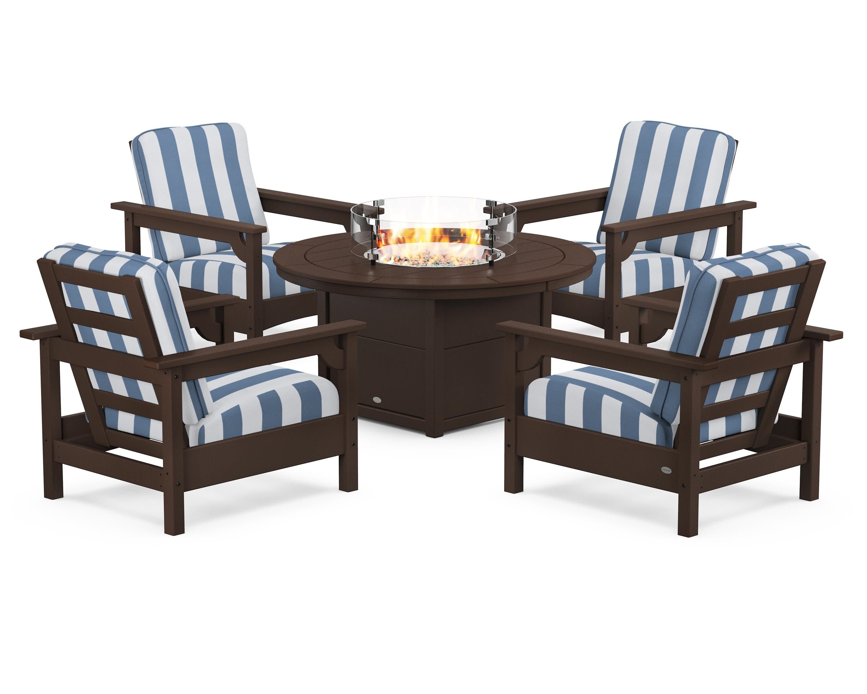 Club 5-Piece Conversation Set with Fire Pit Table in Mahogany / Cabana Stripe Sky Blue
