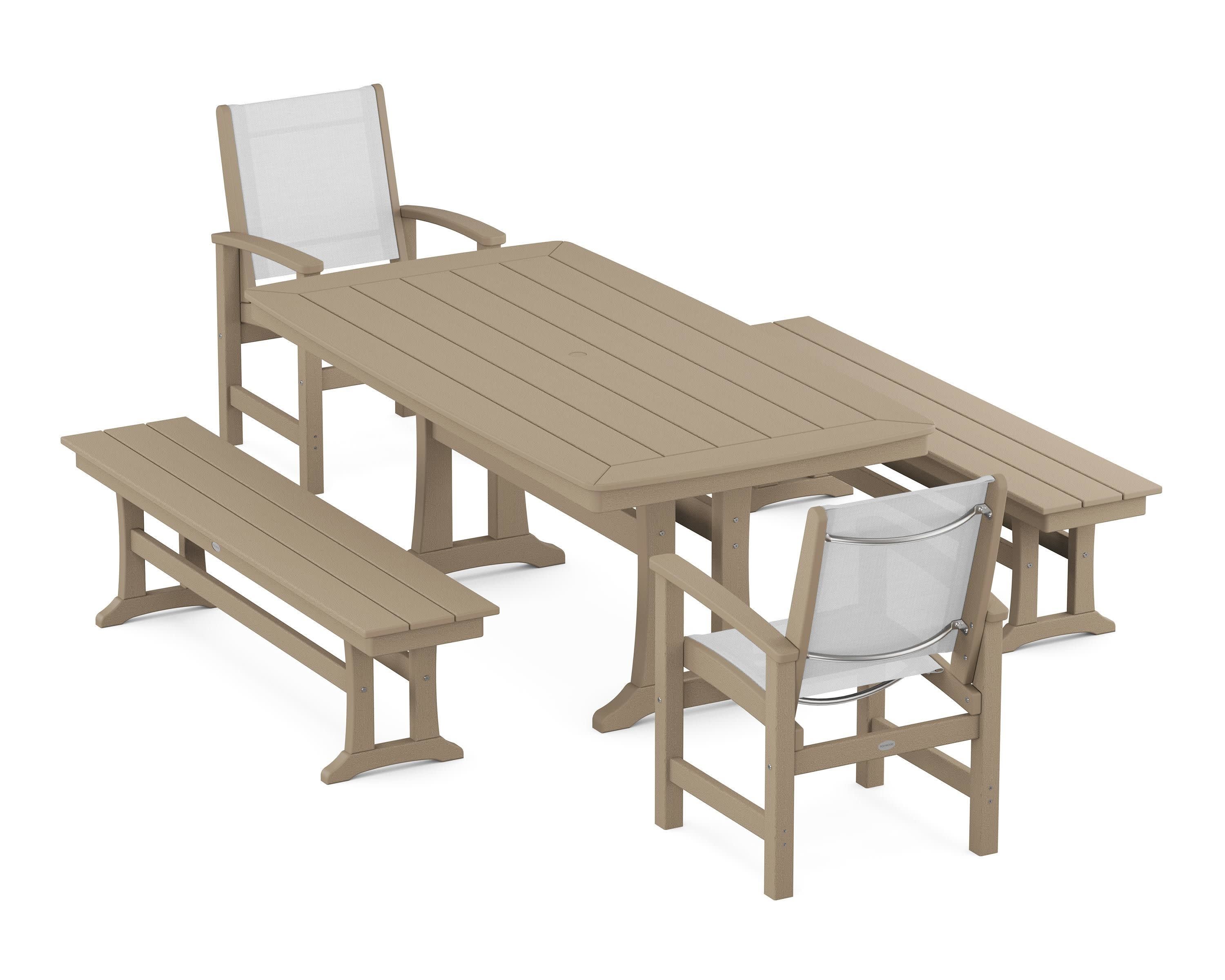 Coastal 5-Piece Dining Set with Trestle Legs and Benches in Vintage Sahara / White Sling