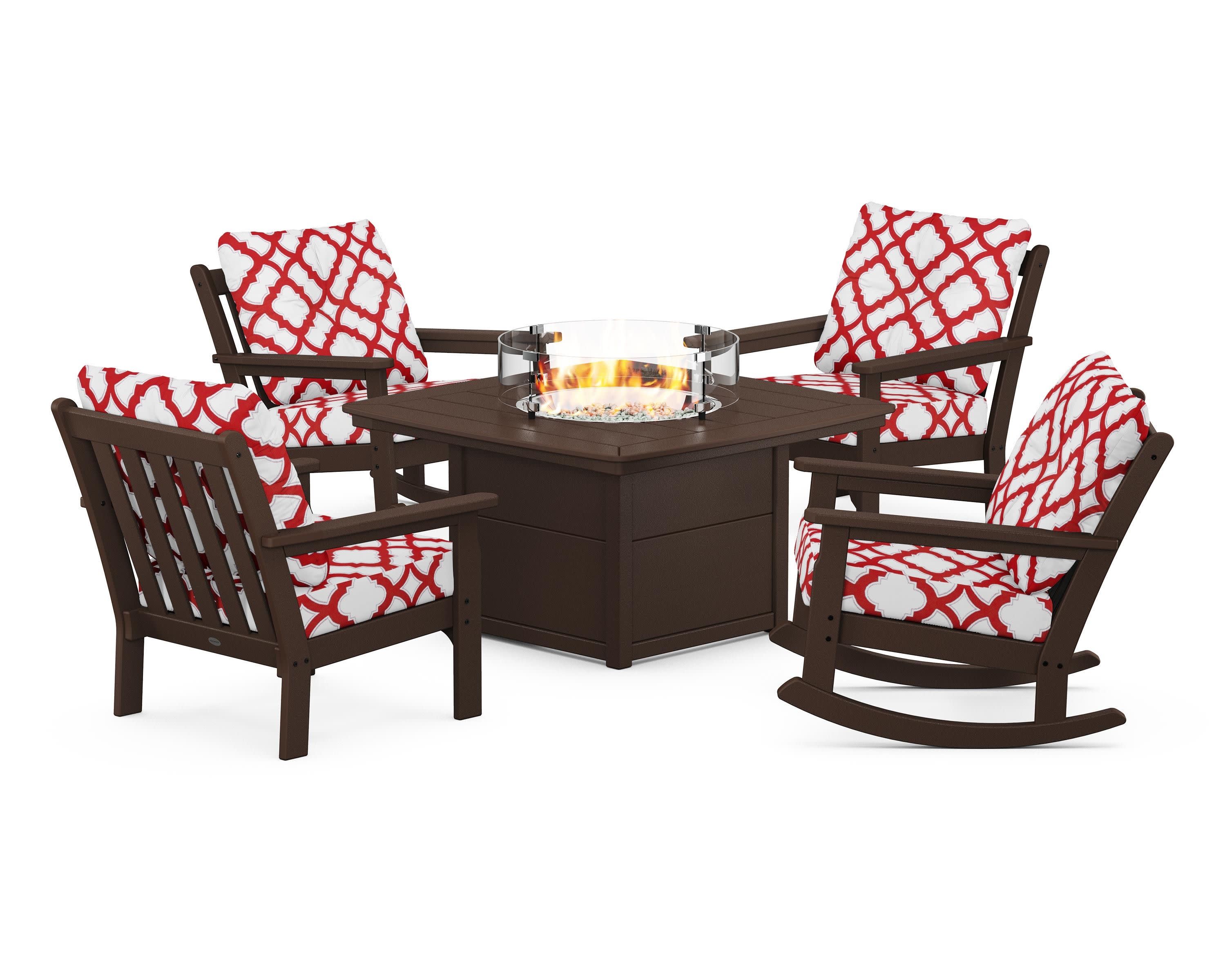 Vineyard 5-Piece Deep Seating Rocking Chair Conversation Set with Fire Pit Table in Mahogany / Trellis Crimson