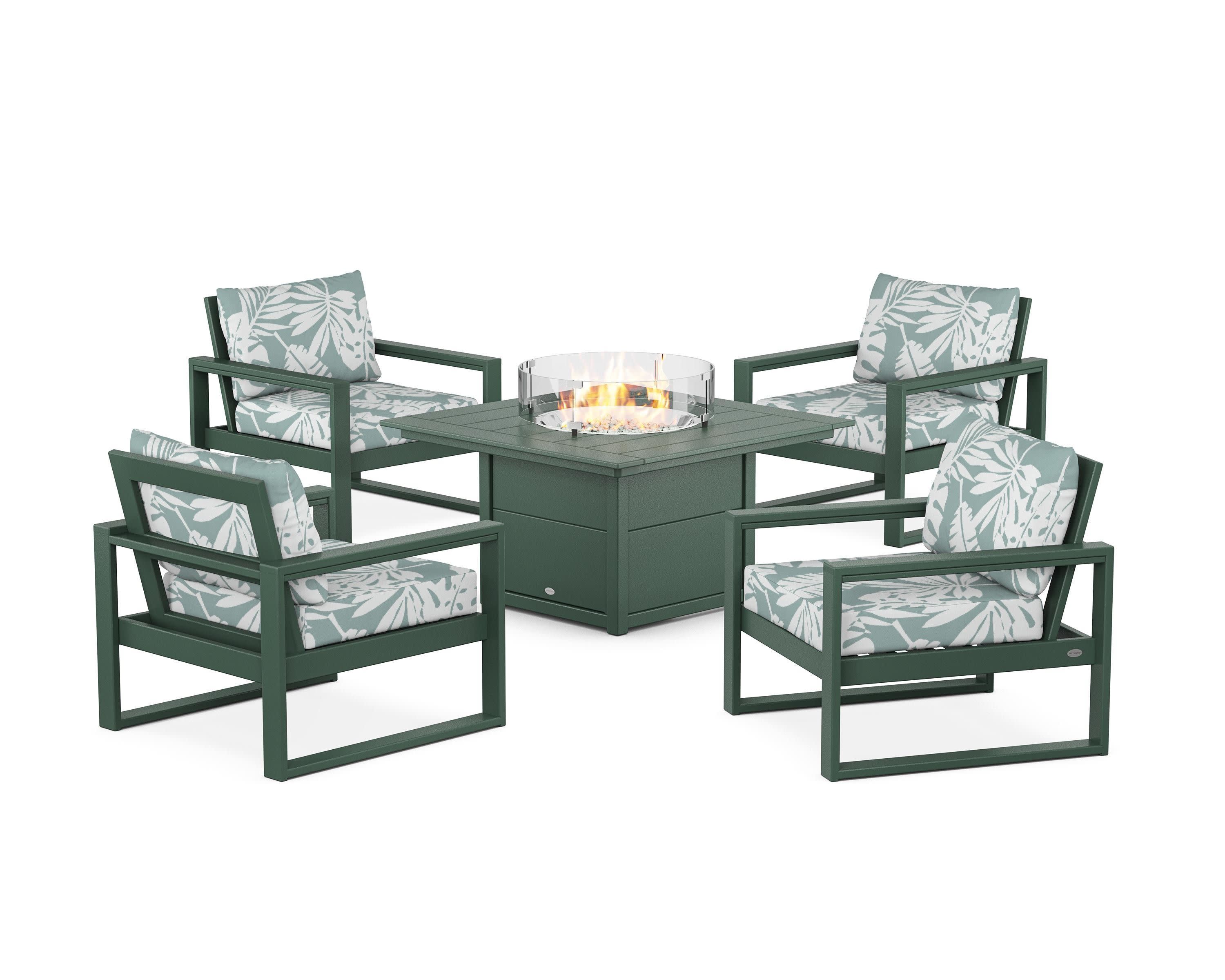EDGE Sectional 5-Piece Deep Seating Set with Fire Pit Table in Green / Leaf Glacier Spa