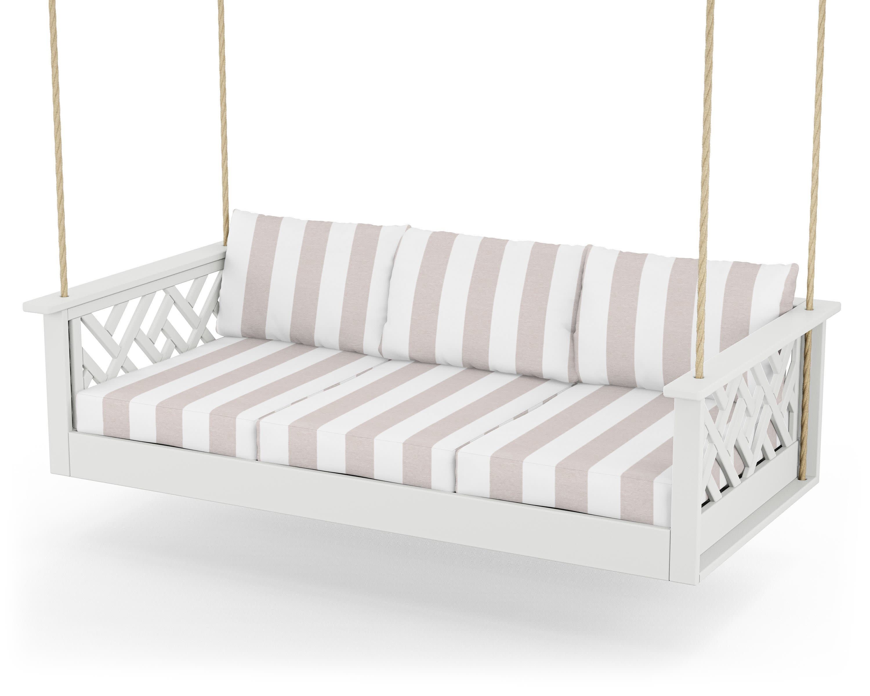 Chippendale Daybed Swing in White / Cabana Stripe Dune Burlap