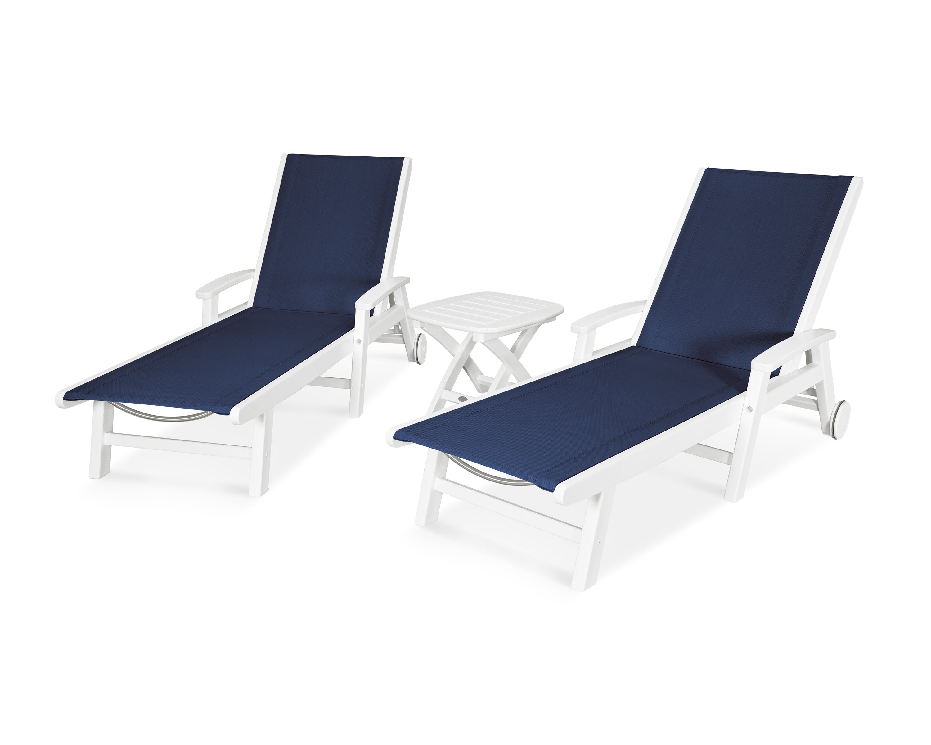 Coastal 3-Piece Wheeled Chaise Set in White / Navy Blue Sling