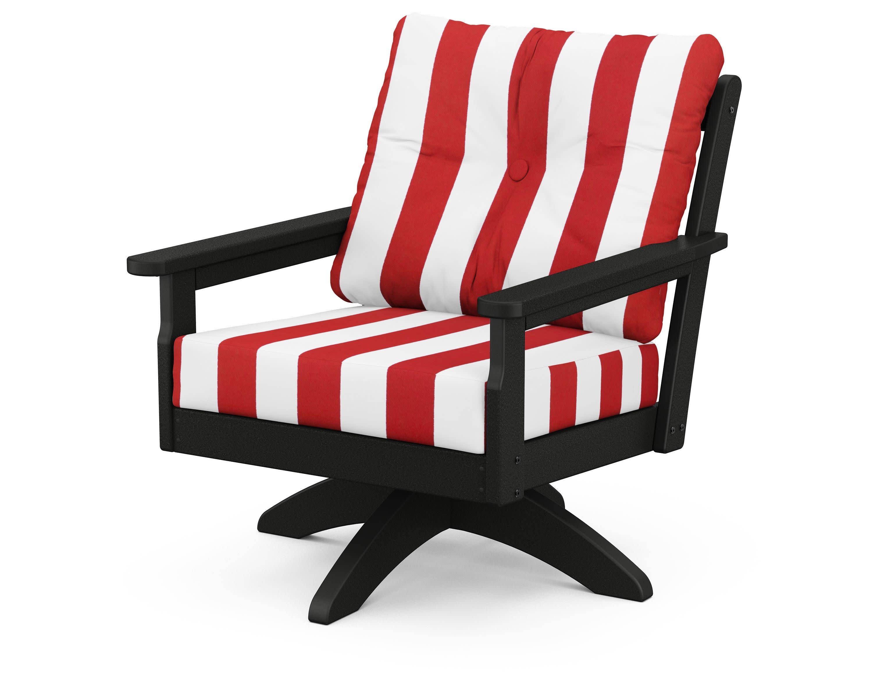 Vineyard Deep Seating Swivel Chair in Black / Cabana Stripe Crimson