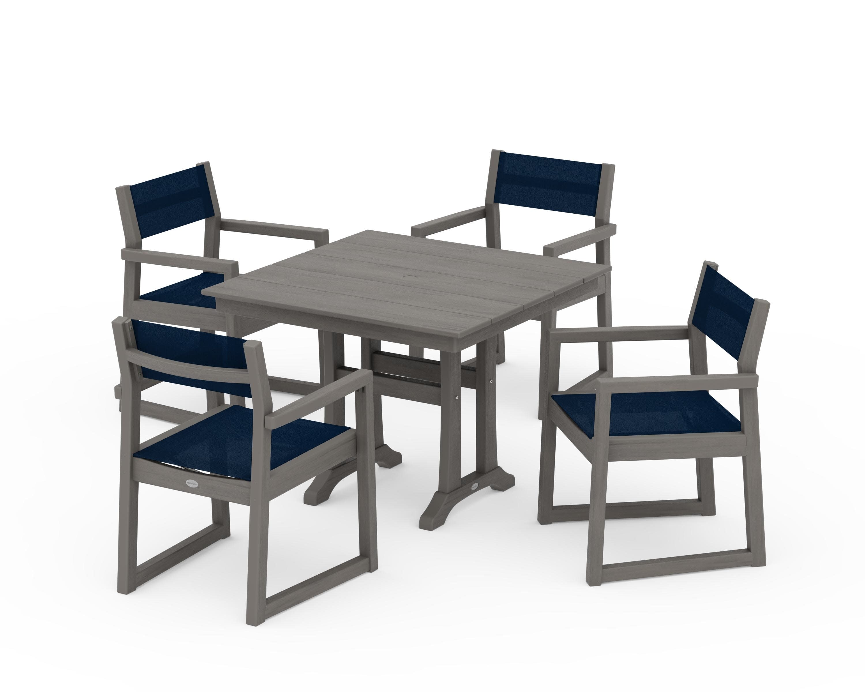 EDGE Sling 5-Piece Farmhouse Dining Set with Trestle Legs in Driftwood / Navy Blue Sling