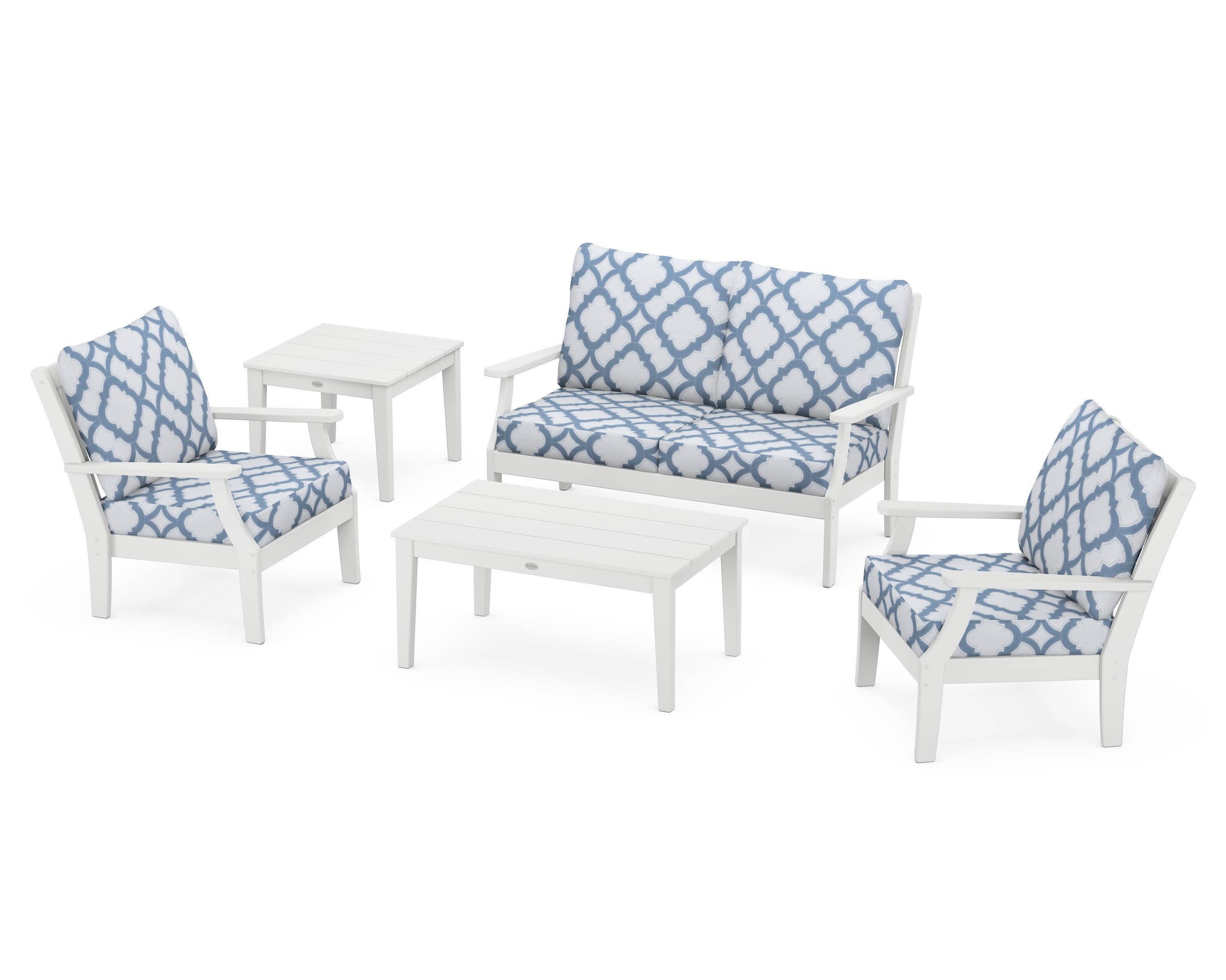 Braxton 5-Piece Deep Seating Set in White / Trellis Sky Blue