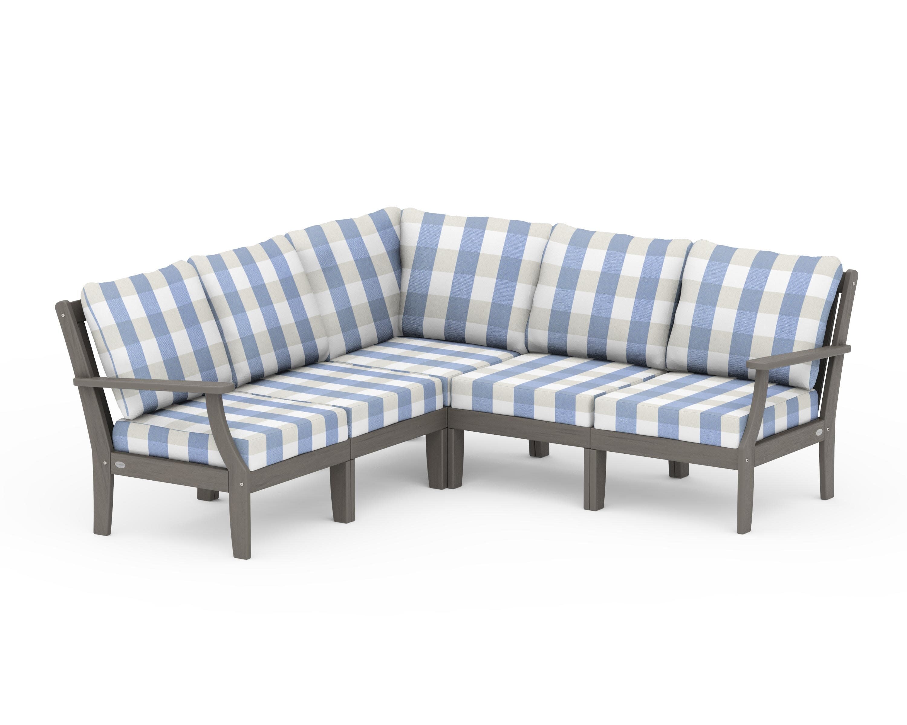 Braxton Modular 5-Piece Deep Seating Set in Driftwood / Buffalo Plaid Sky Blue