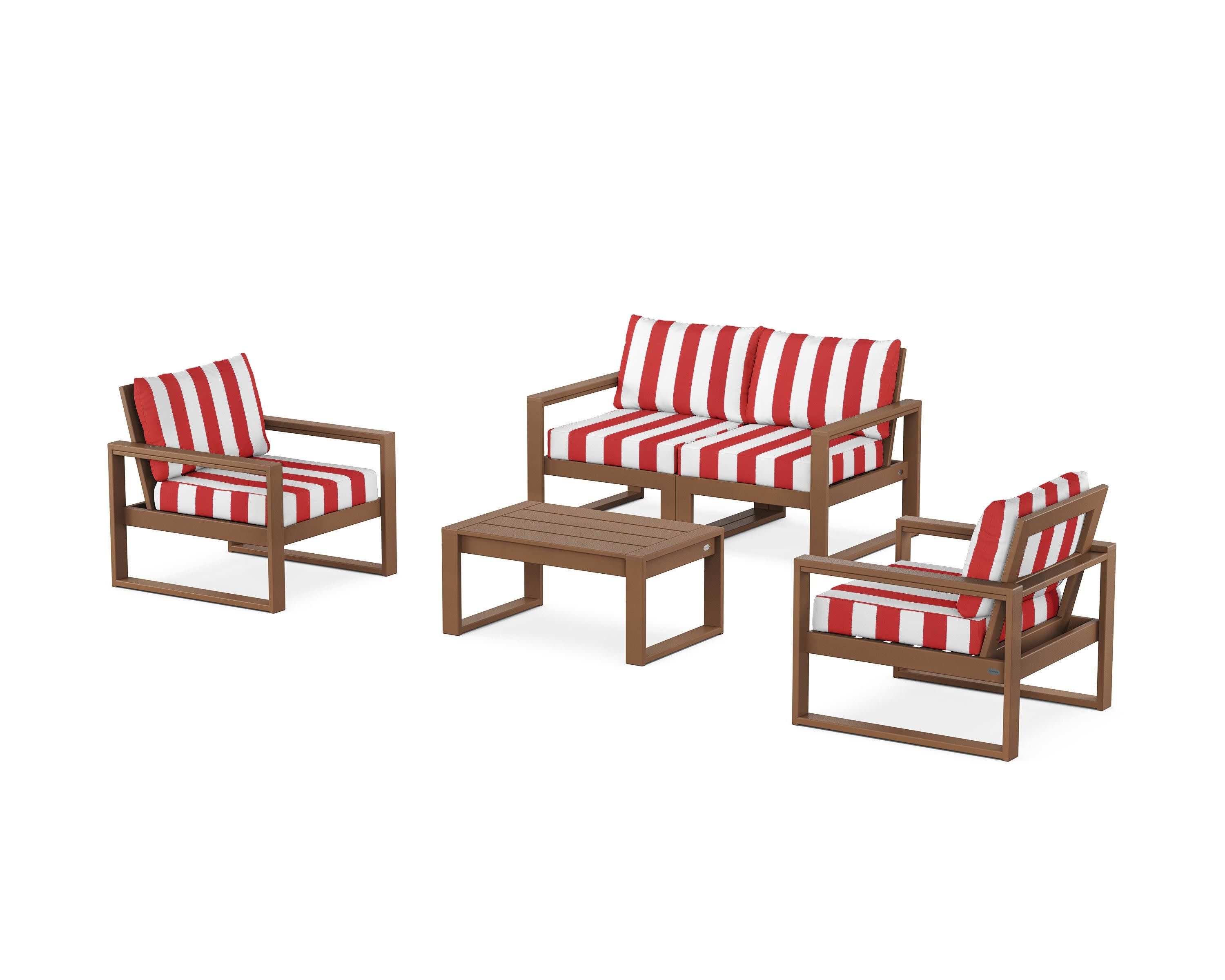 EDGE Sectional 4-Piece Deep Seating Set with Loveseat in Teak / Cabana Stripe Crimson