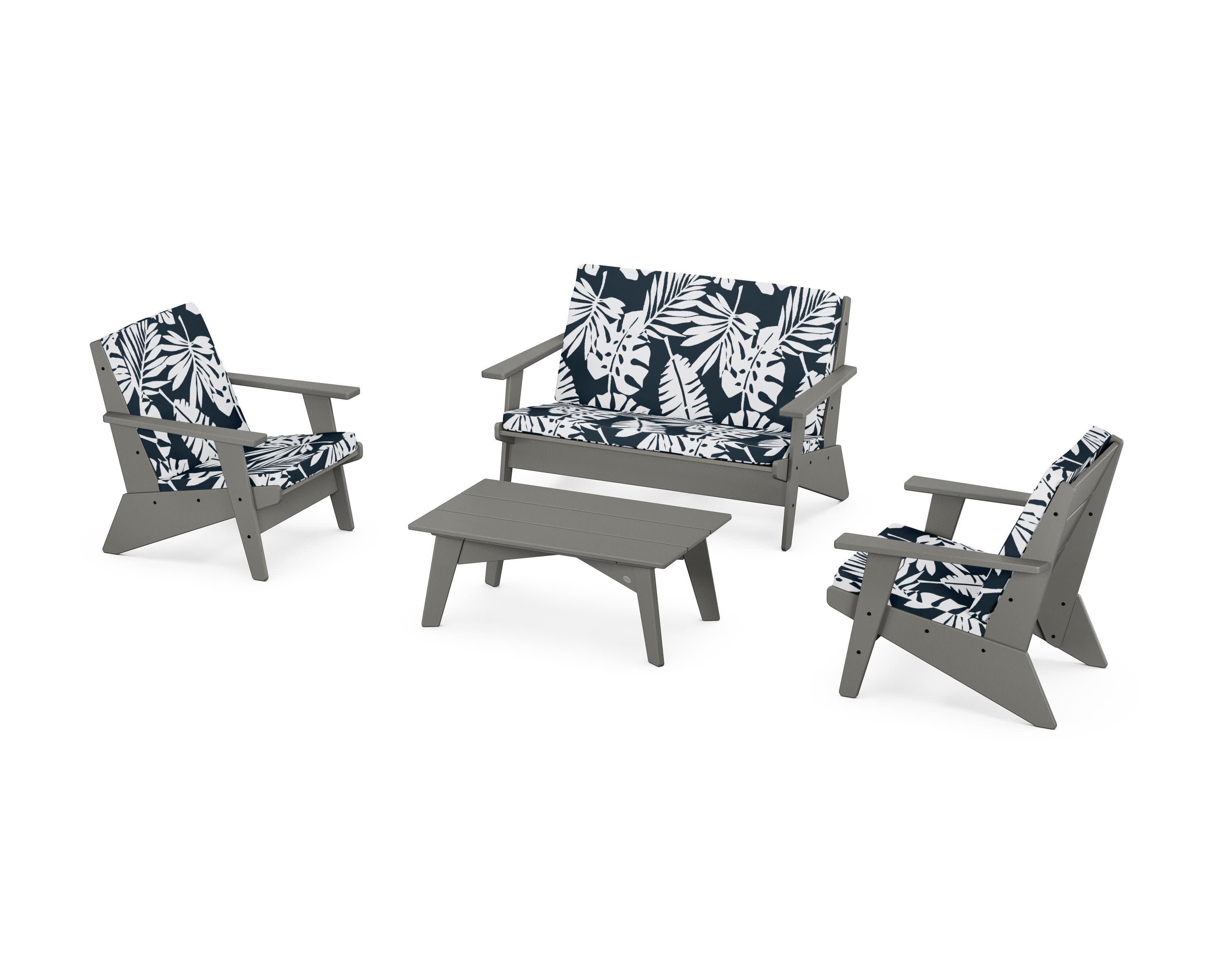 Riviera Modern Lounge 4-Piece Set in Slate Grey / Leaf Marine Indigo