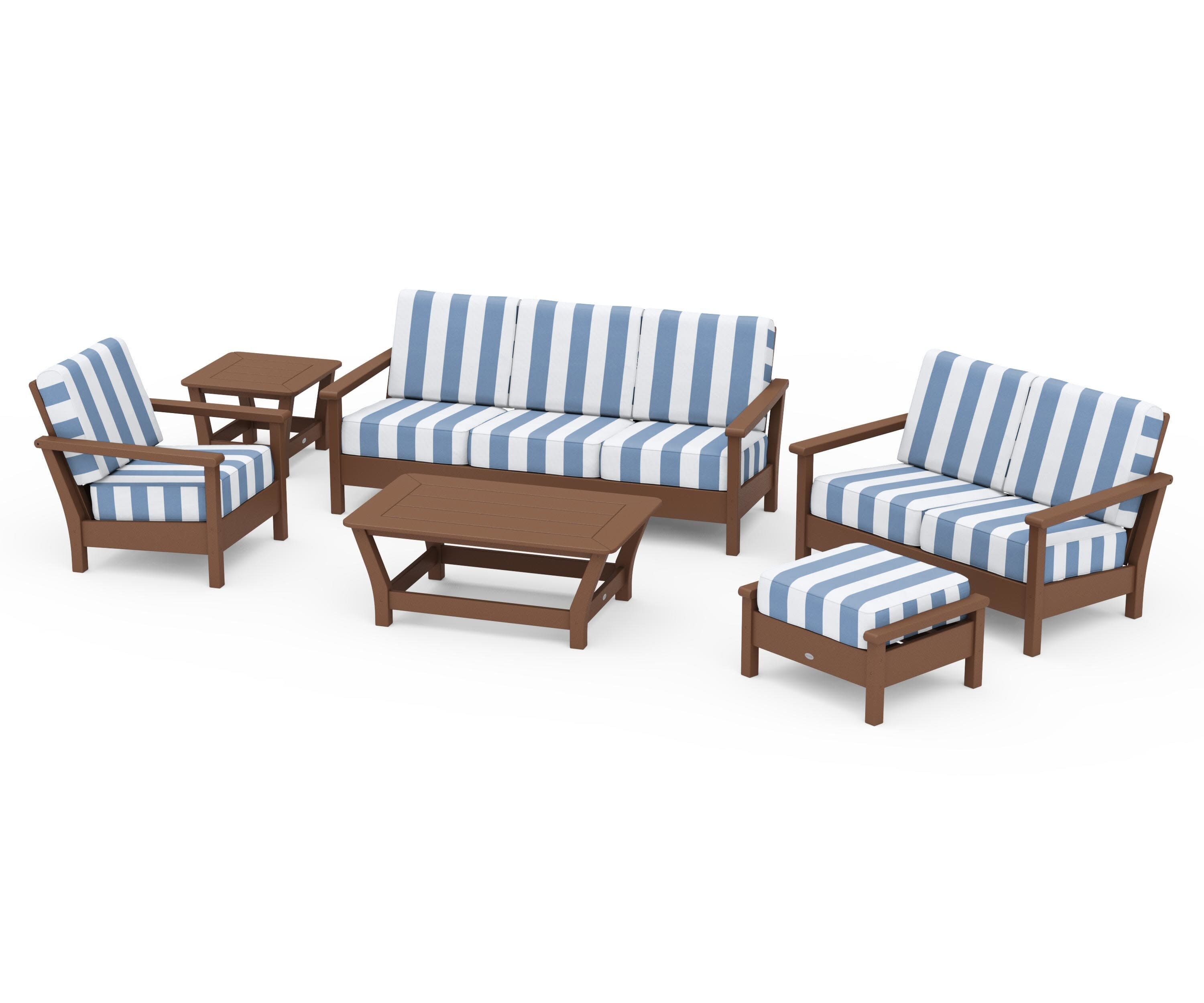 Harbour 6-Piece Outdoor Living Set in Teak / Cabana Stripe Sky Blue