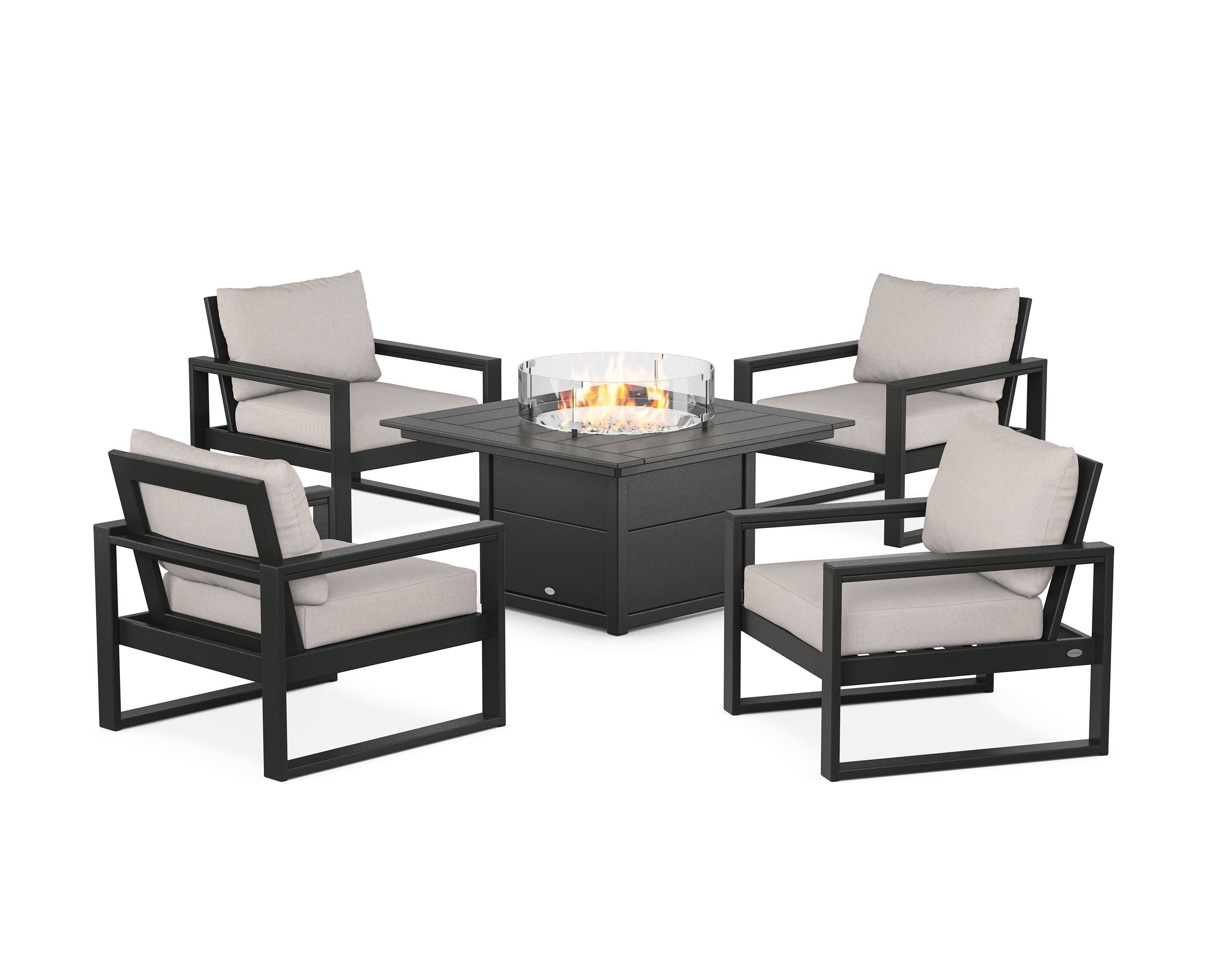 EDGE Sectional 5-Piece Deep Seating Set with Fire Pit Table in Black / Dune Burlap
