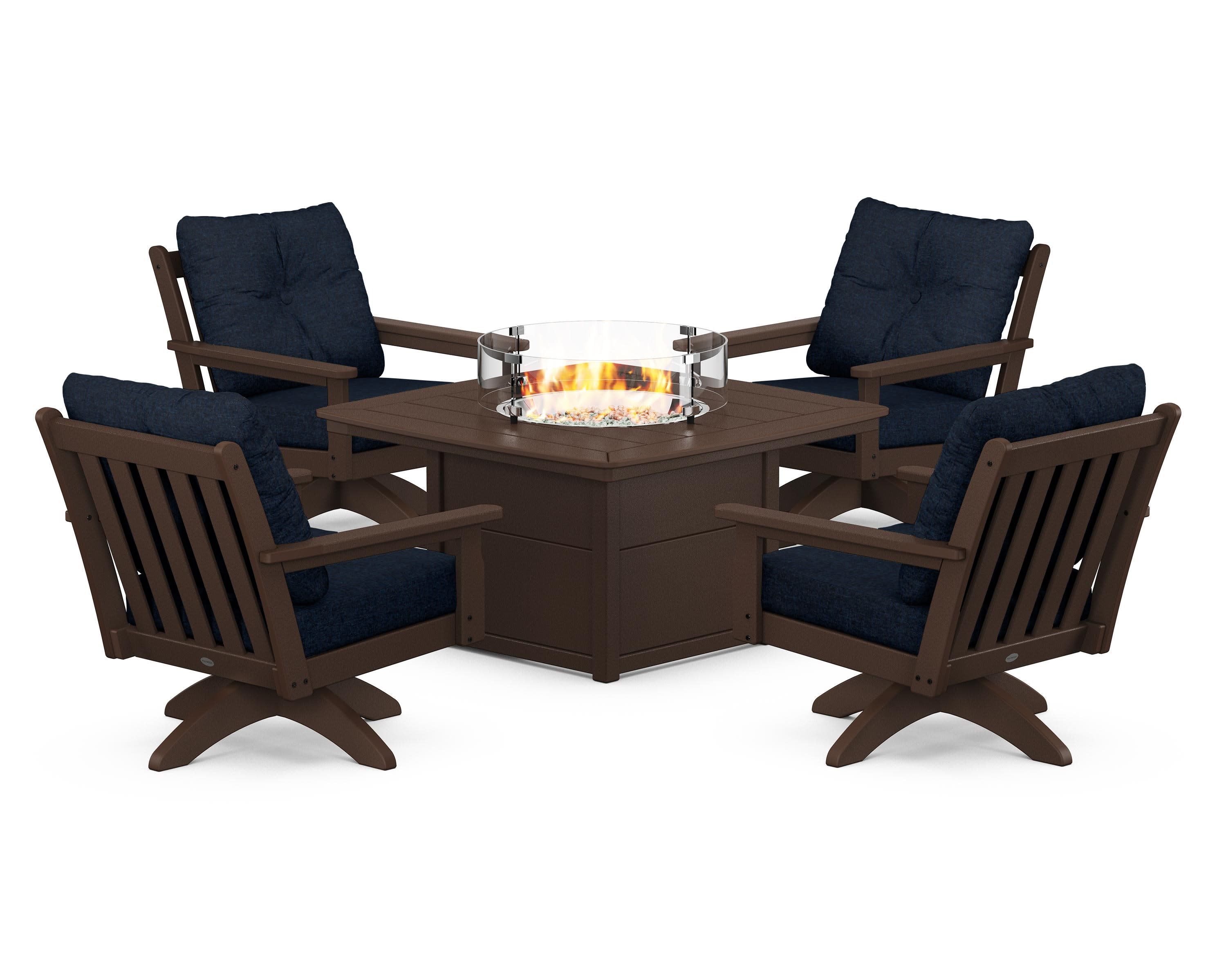 Vineyard 5-Piece Deep Seating Swivel Conversation Set with Fire Pit Table in Mahogany / Marine Indigo