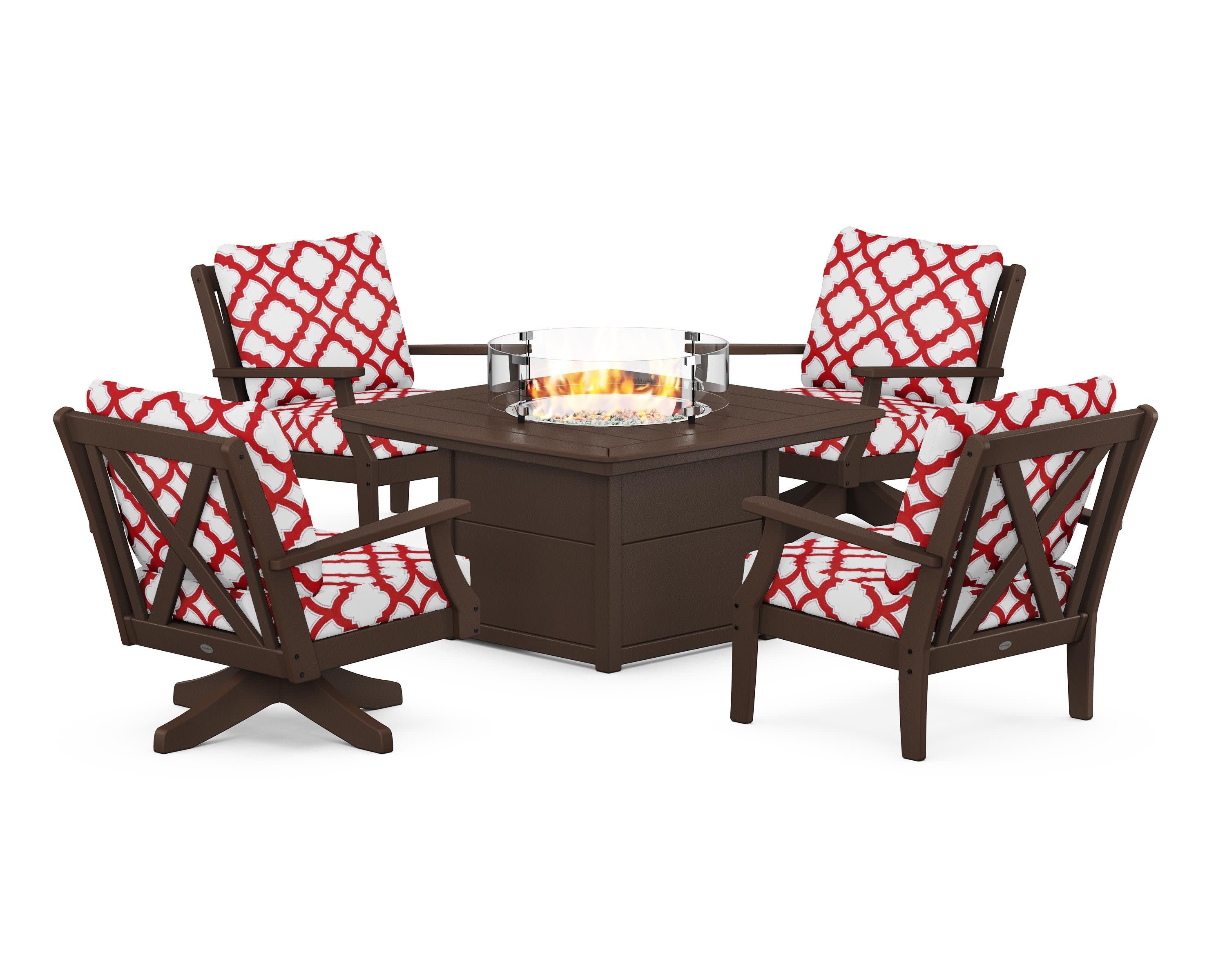 Braxton 5-Piece Deep Seating Set with Fire Table in Mahogany / Trellis Crimson