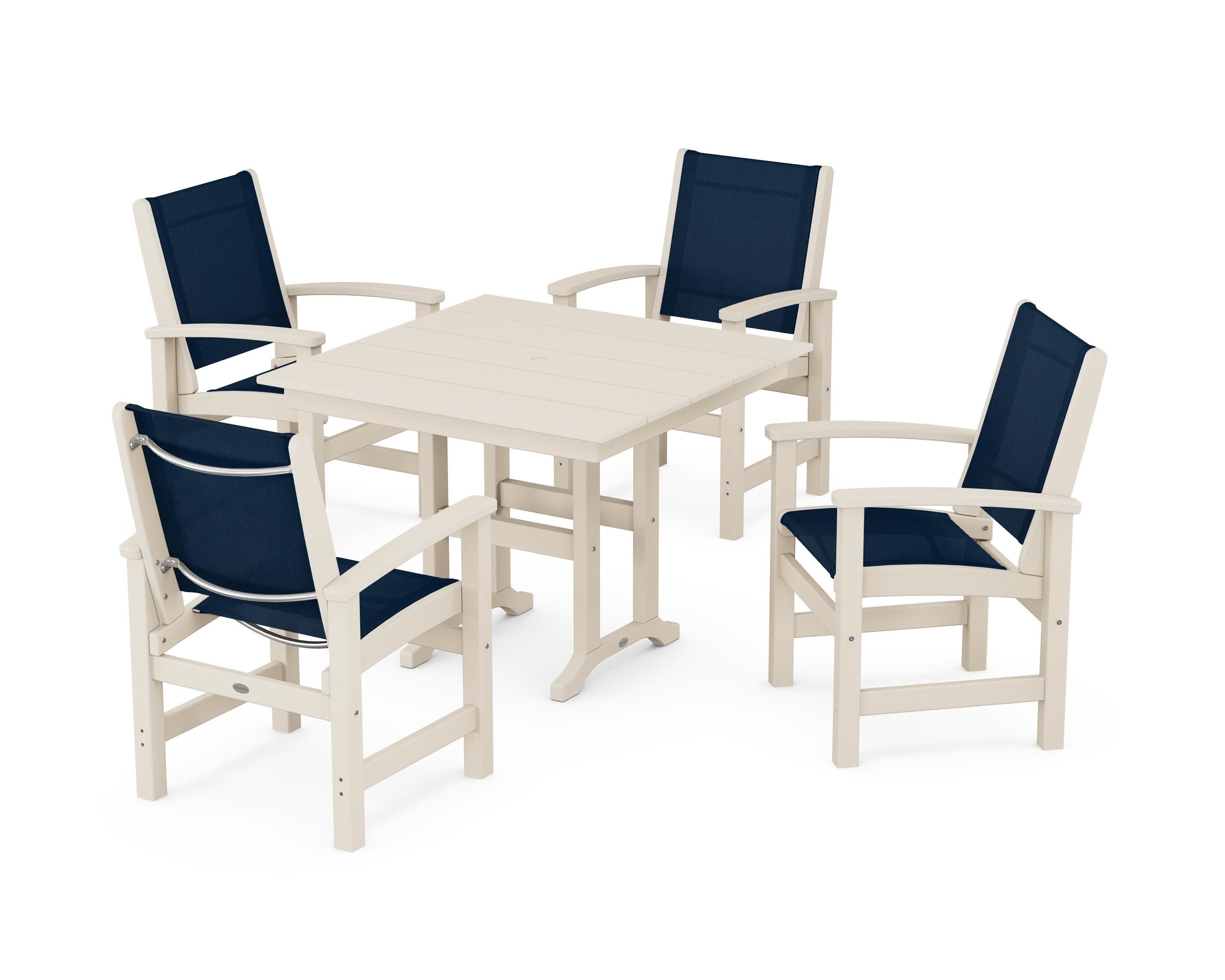 Coastal 5-Piece Farmhouse Dining Set in Sand / Navy Blue Sling