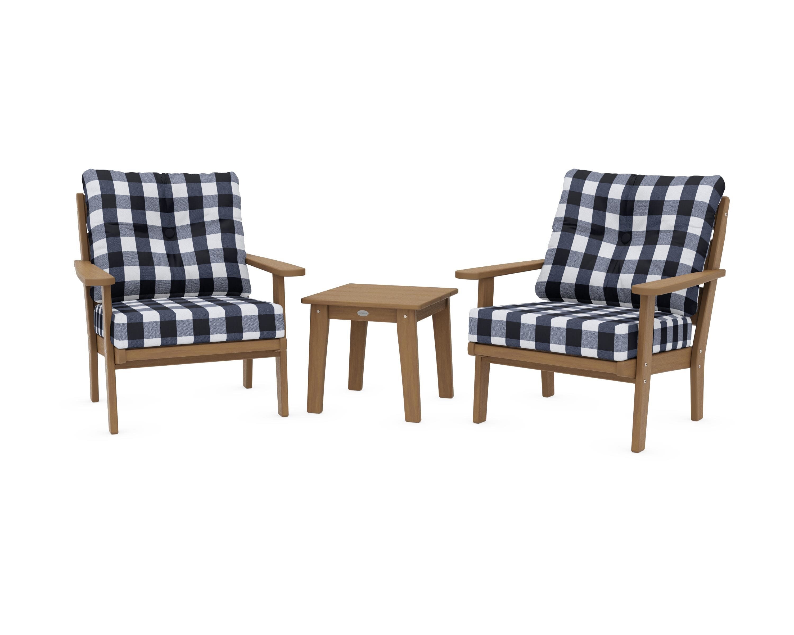 Lakeside 3-Piece Deep Seating Chair Set in Natural / Buffalo Plaid Marine Indigo