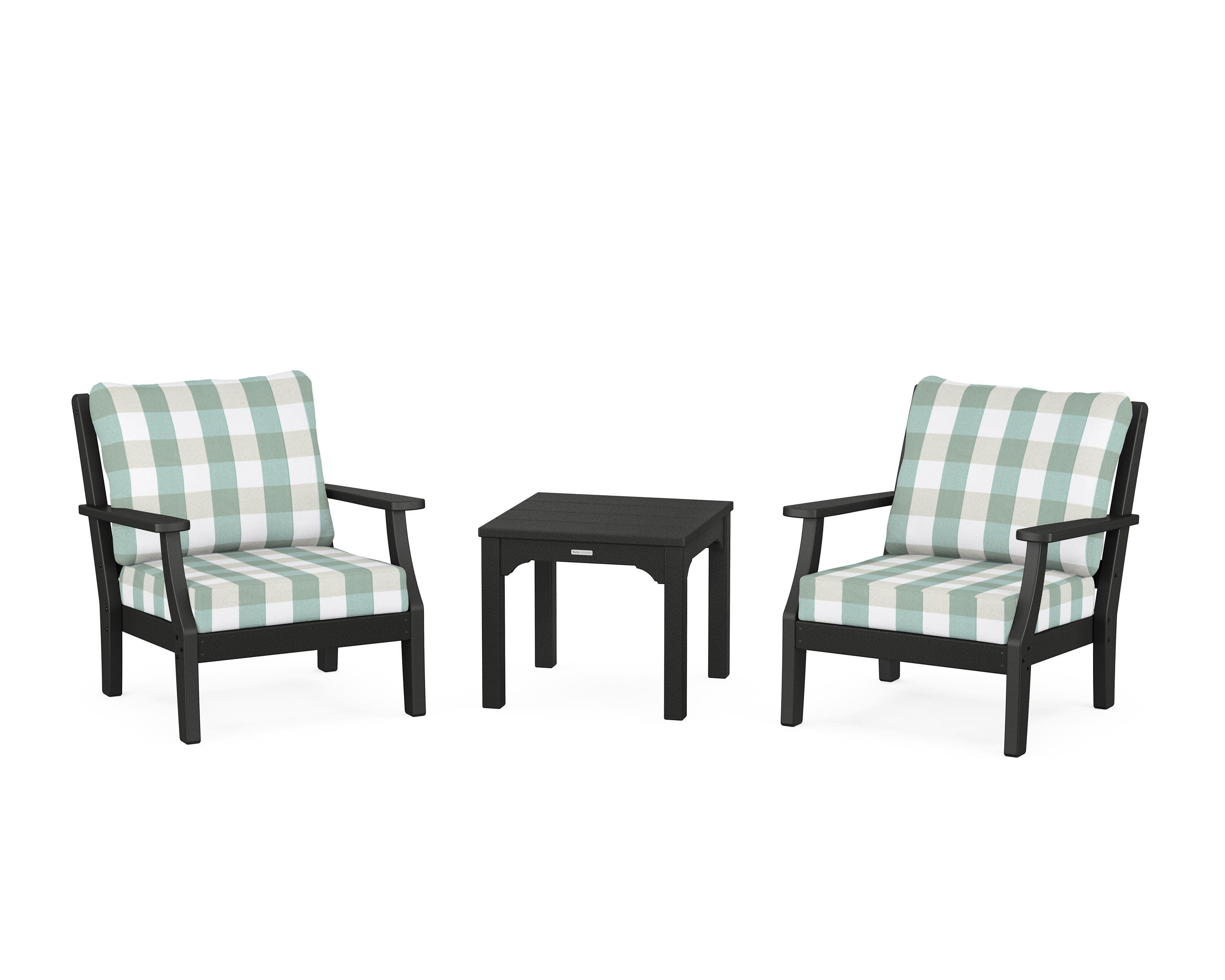 Chinoiserie 3-Piece Deep Seating Set in Black / Buffalo Plaid Glacier Spa