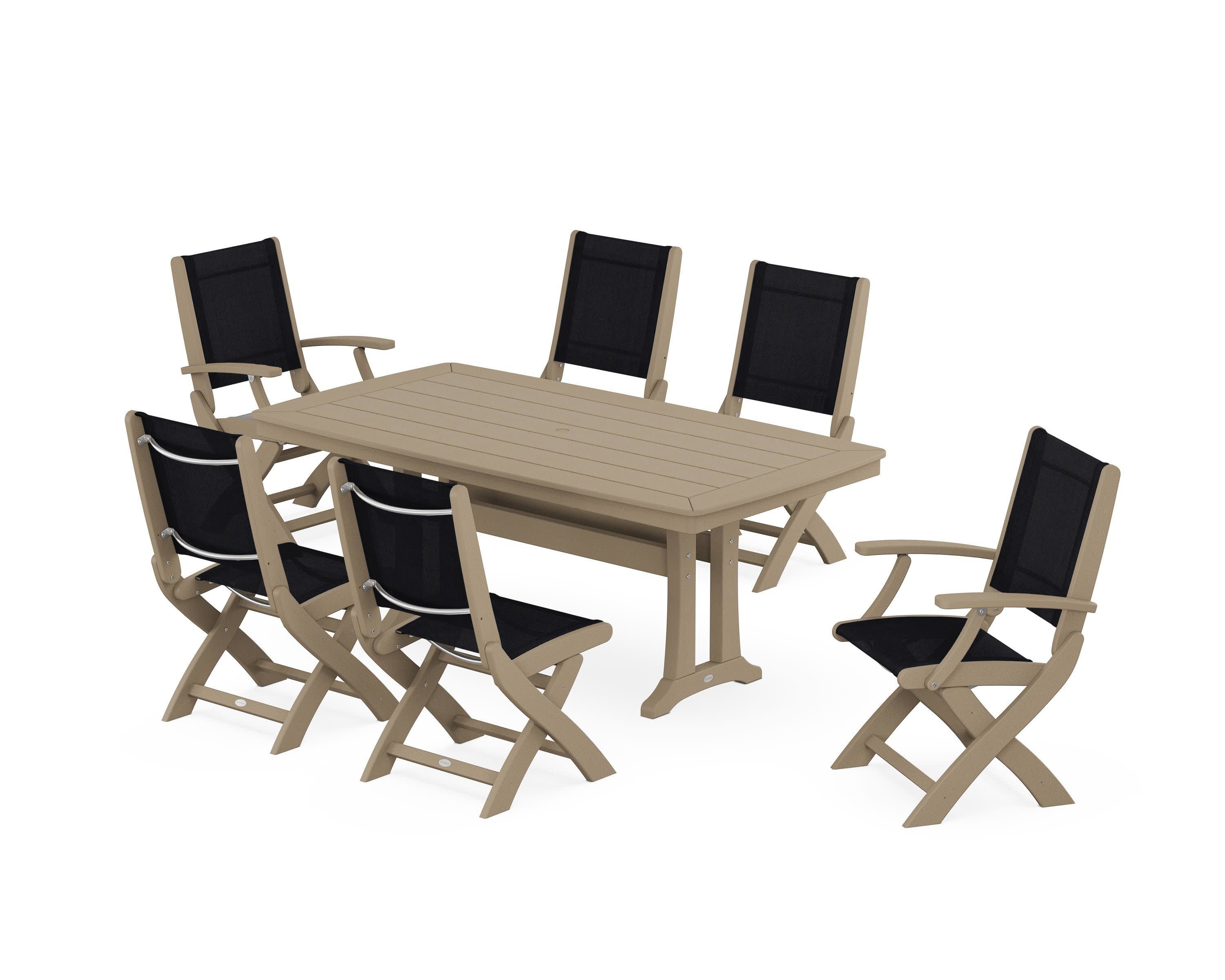 Coastal Folding Chair 7-Piece Dining Set with Trestle Legs in Vintage Sahara / Black Sling