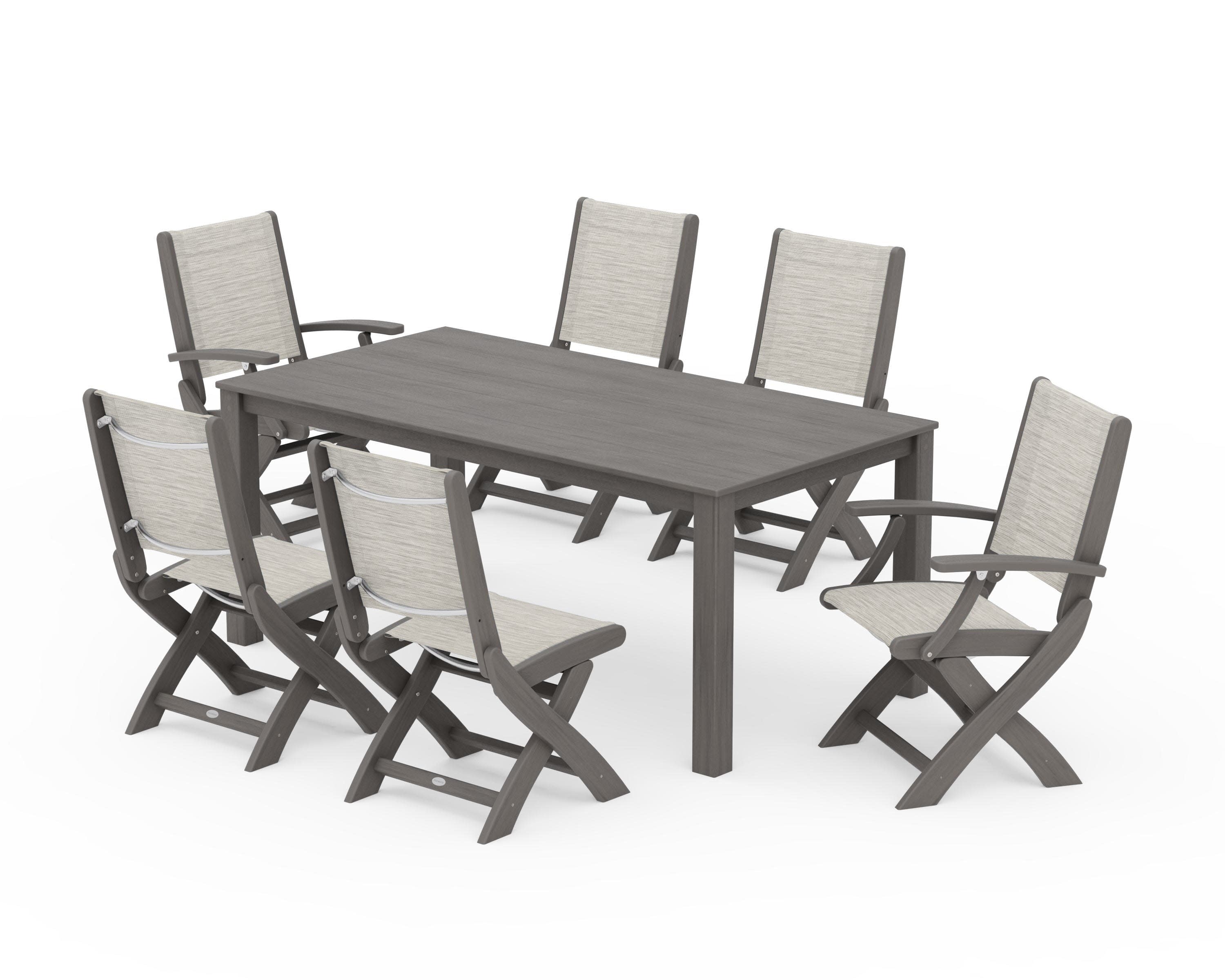 Coastal Folding Chair 7-Piece Parsons Dining Set in Driftwood / Birch Sling