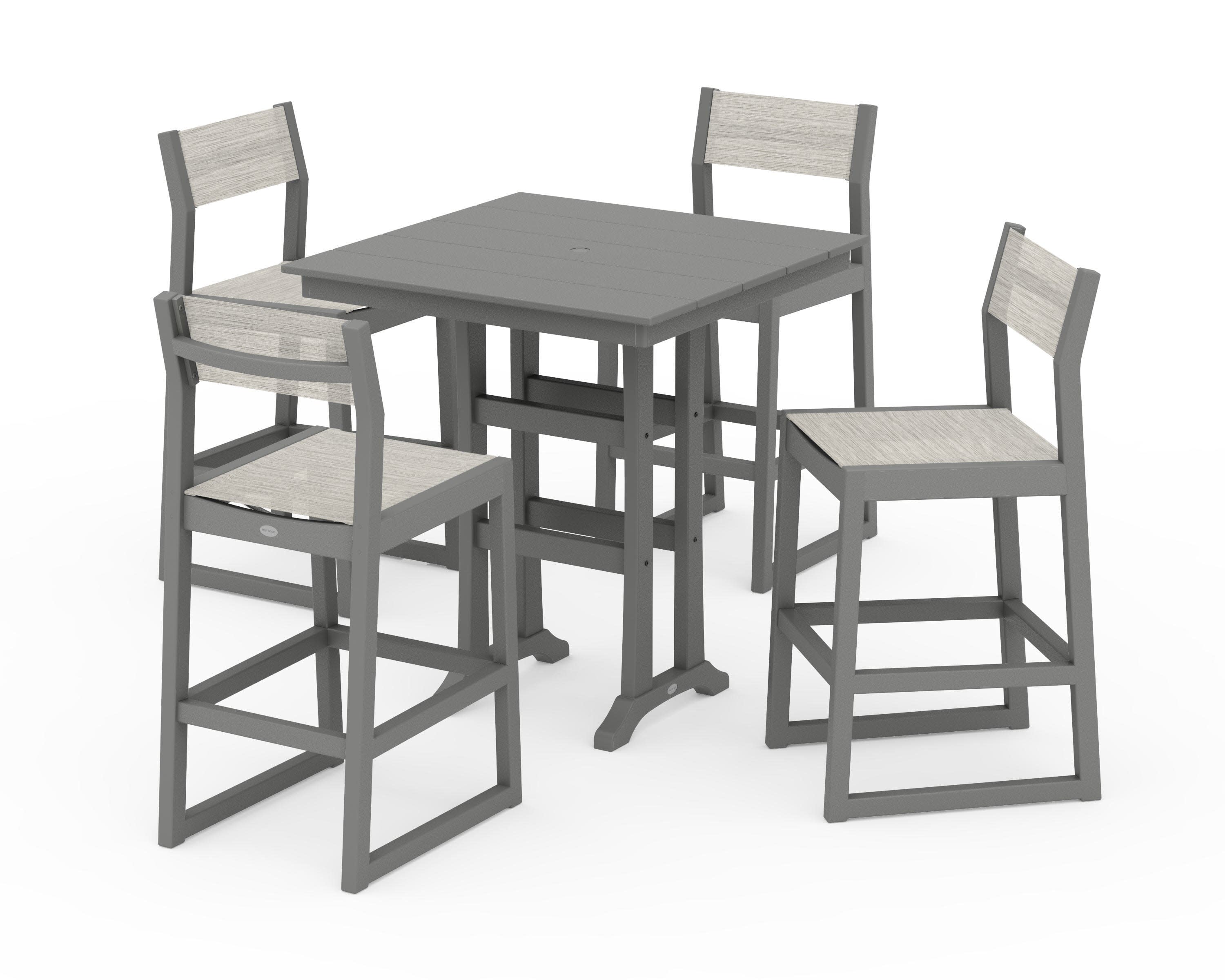 EDGE Sling Arm Chair 5-Piece Farmhouse Bar Set with Trestle Legs in Slate Grey / Birch Sling