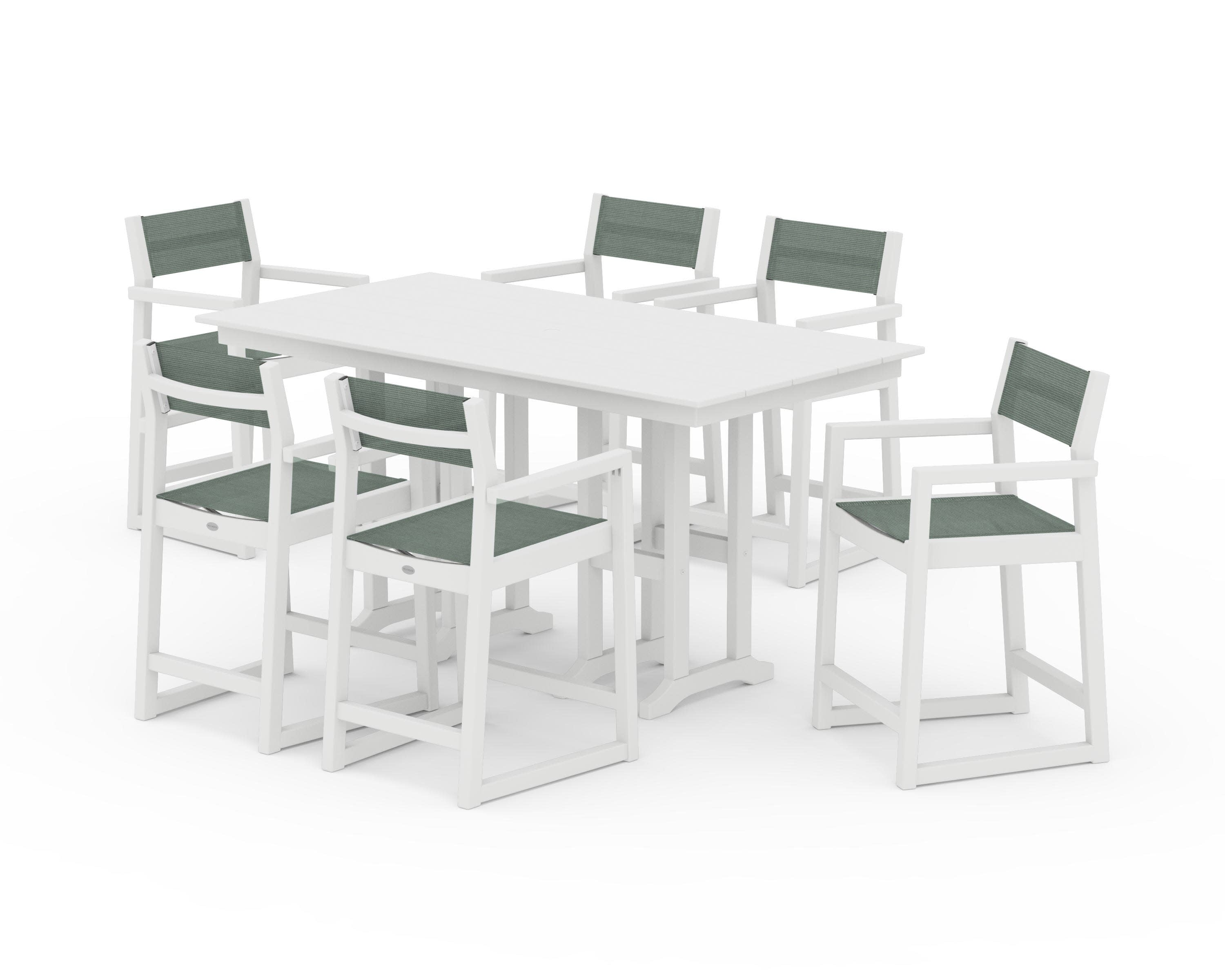 EDGE Sling Arm Chair 7-Piece Farmhouse Counter Set in White / Dupioni Sea Mist Sling