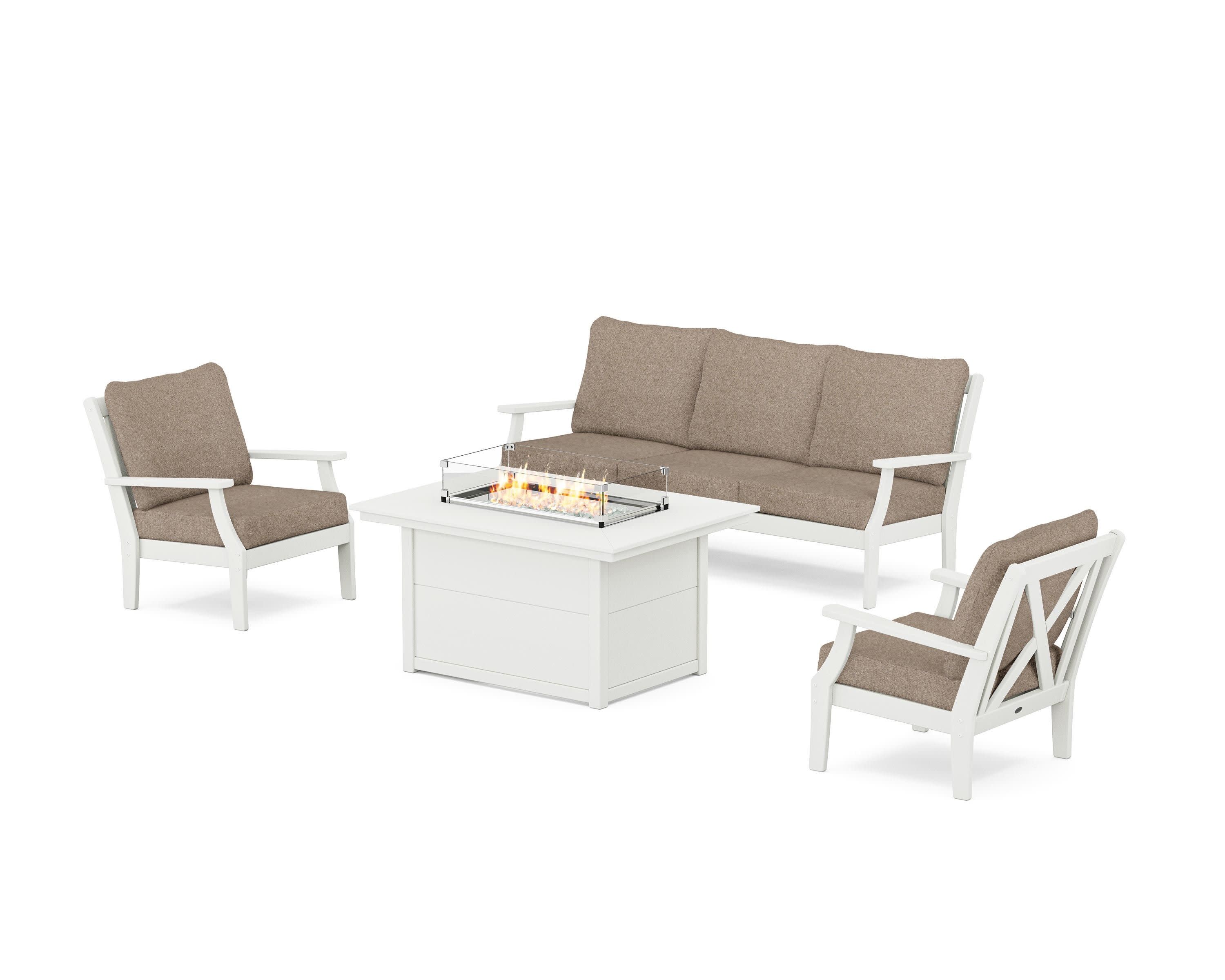 Braxton Deep Seating Fire Pit Table Set in Vintage White / Spiced Burlap