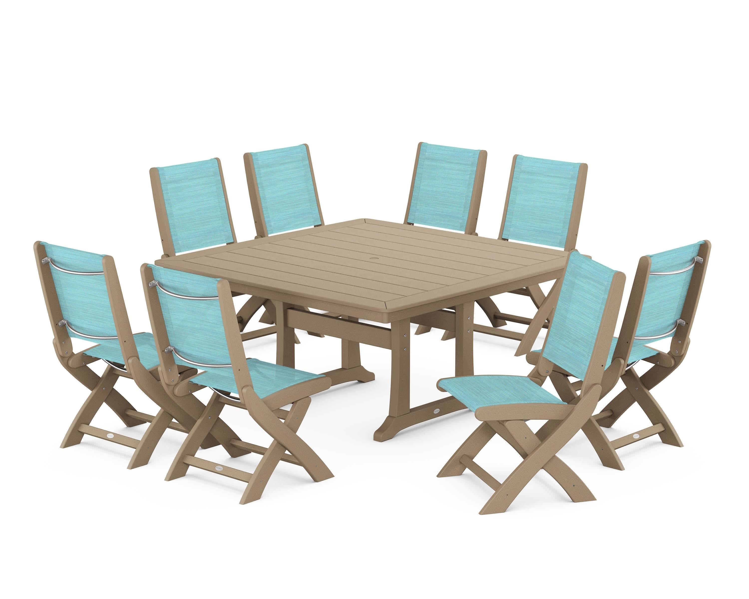 Coastal Folding Side Chair 9-Piece Dining Set with Trestle Legs in Vintage Sahara / Dupioni Aquamarine Sling