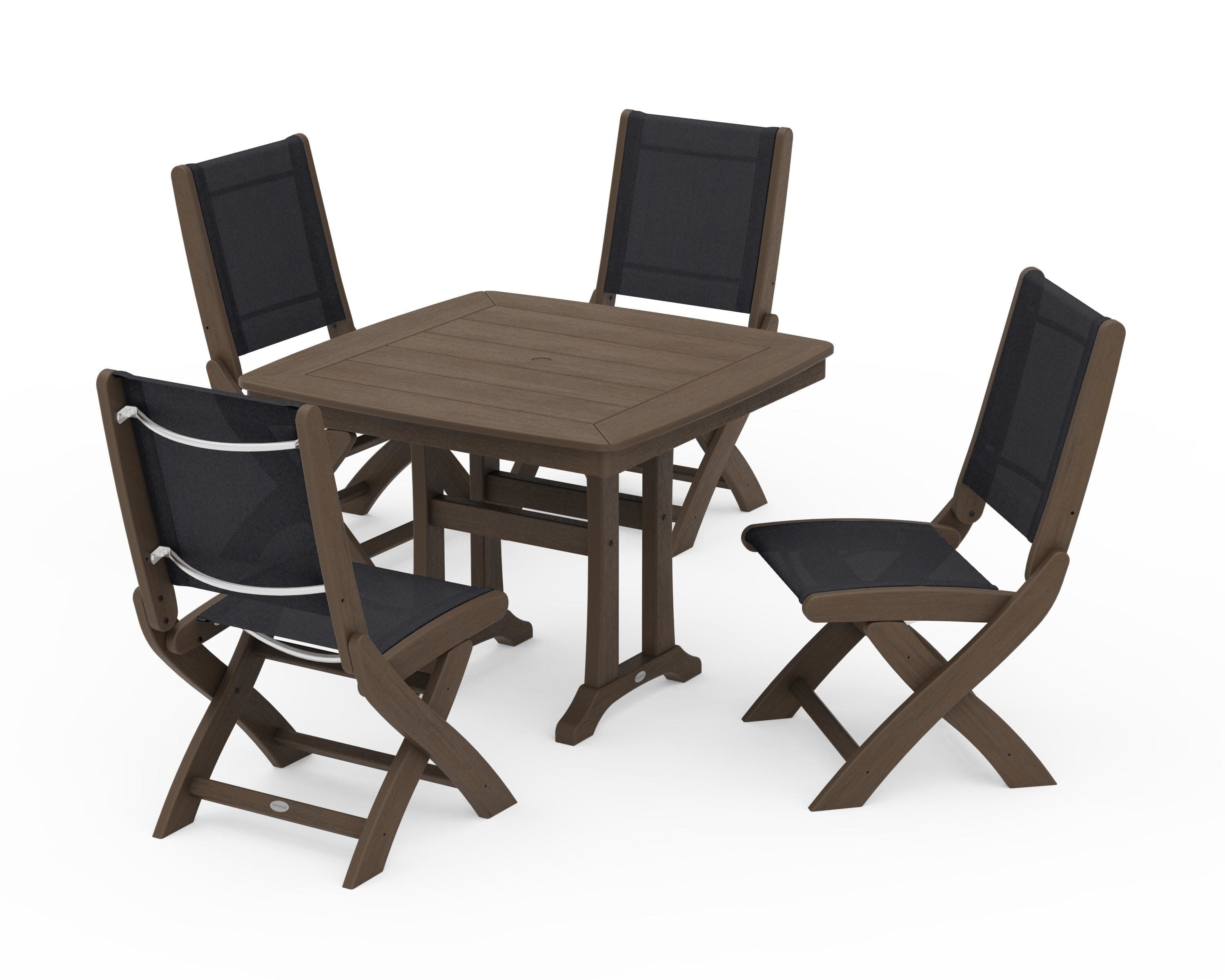 Coastal Folding Side Chair 5-Piece Dining Set with Trestle Legs in Kona / Black Sling