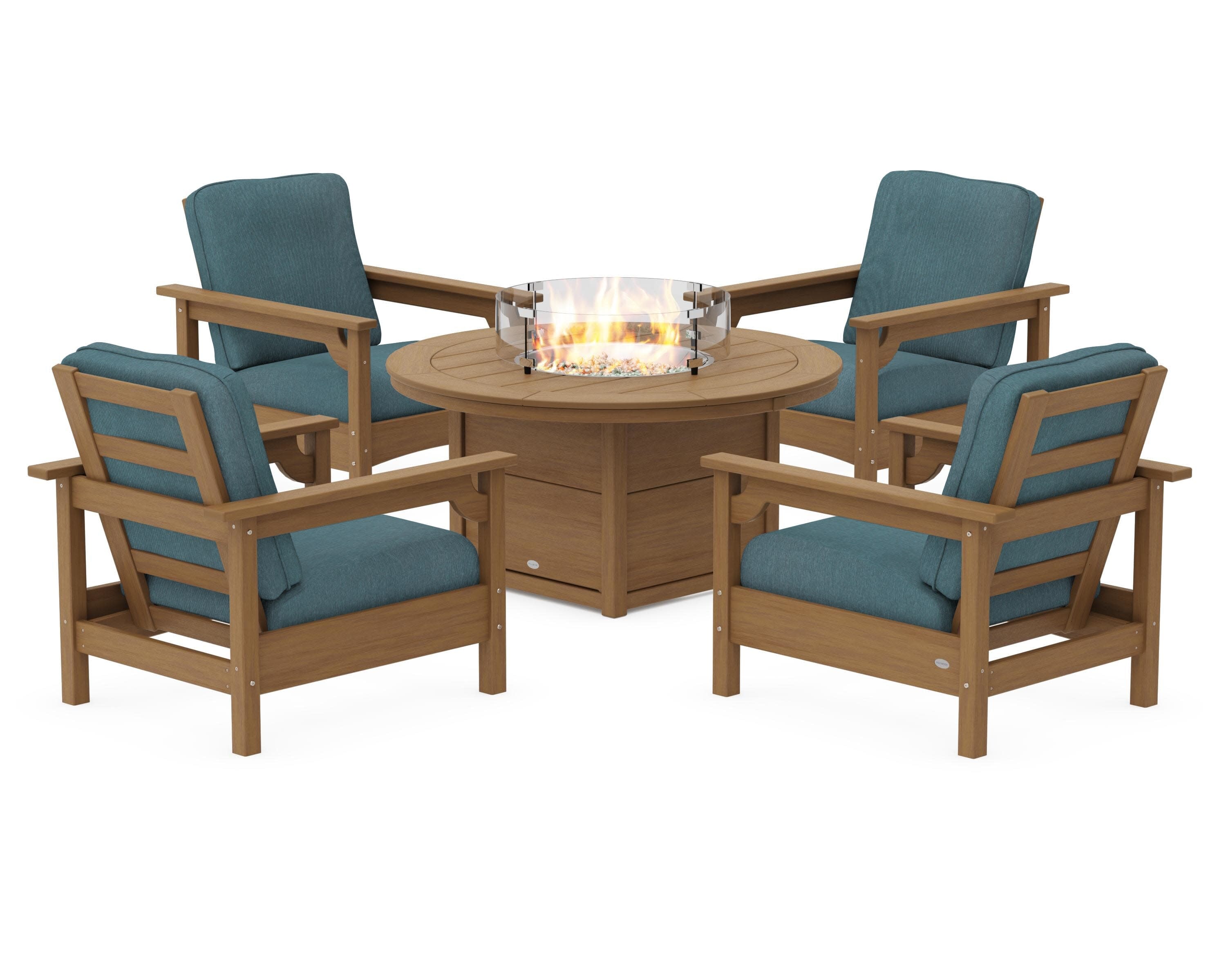 Club 5-Piece Conversation Set with Fire Pit Table in Natural / Ocean Teal