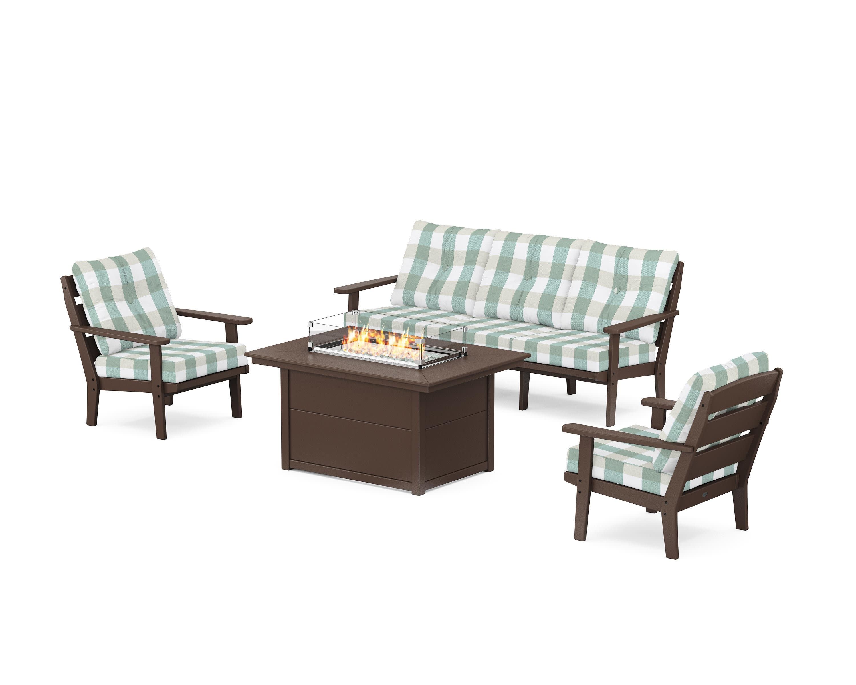 Lakeside Deep Seating Fire Pit Table Set in Mahogany / Buffalo Plaid Glacier Spa