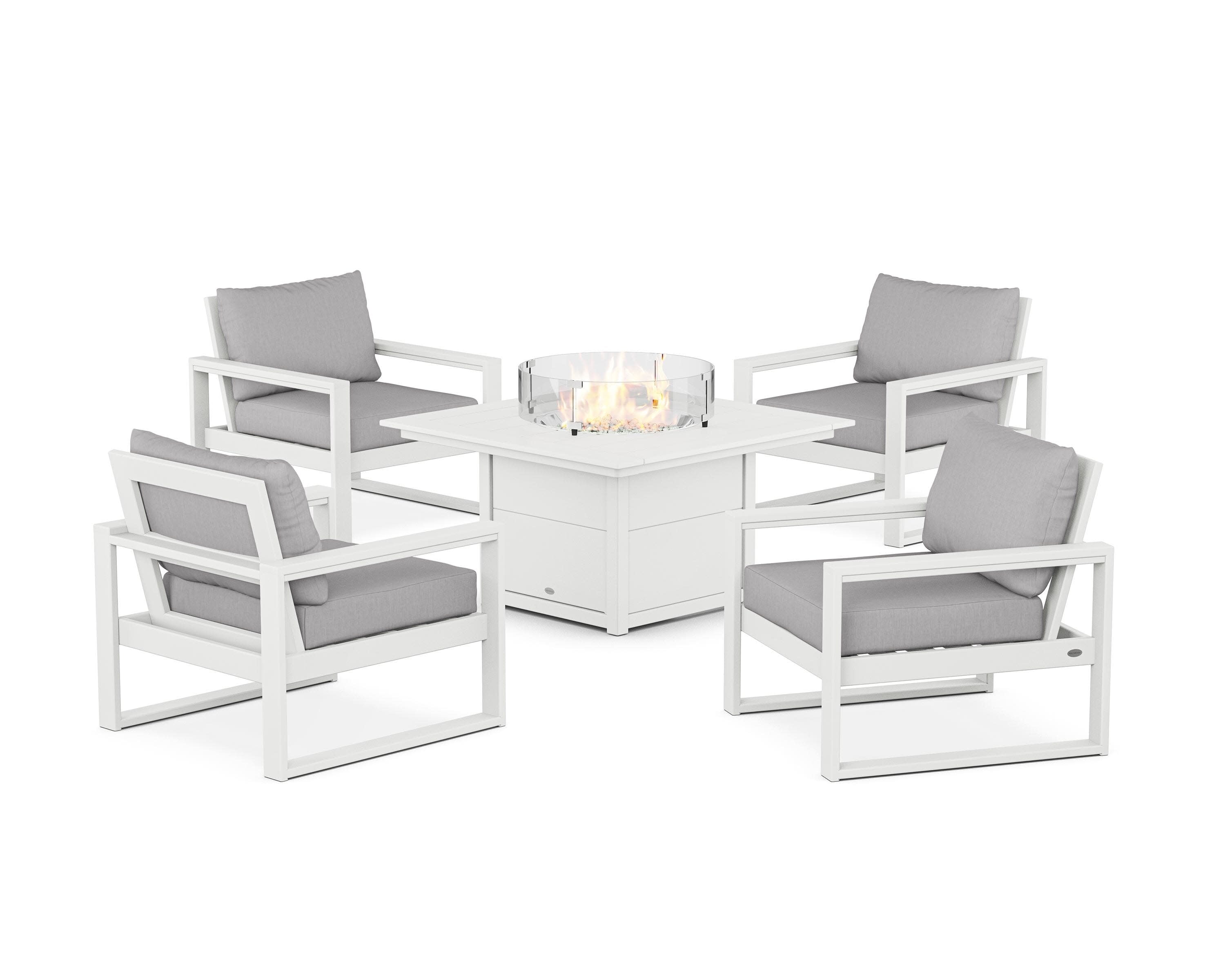 EDGE Sectional 5-Piece Deep Seating Set with Fire Pit Table in White / Granite