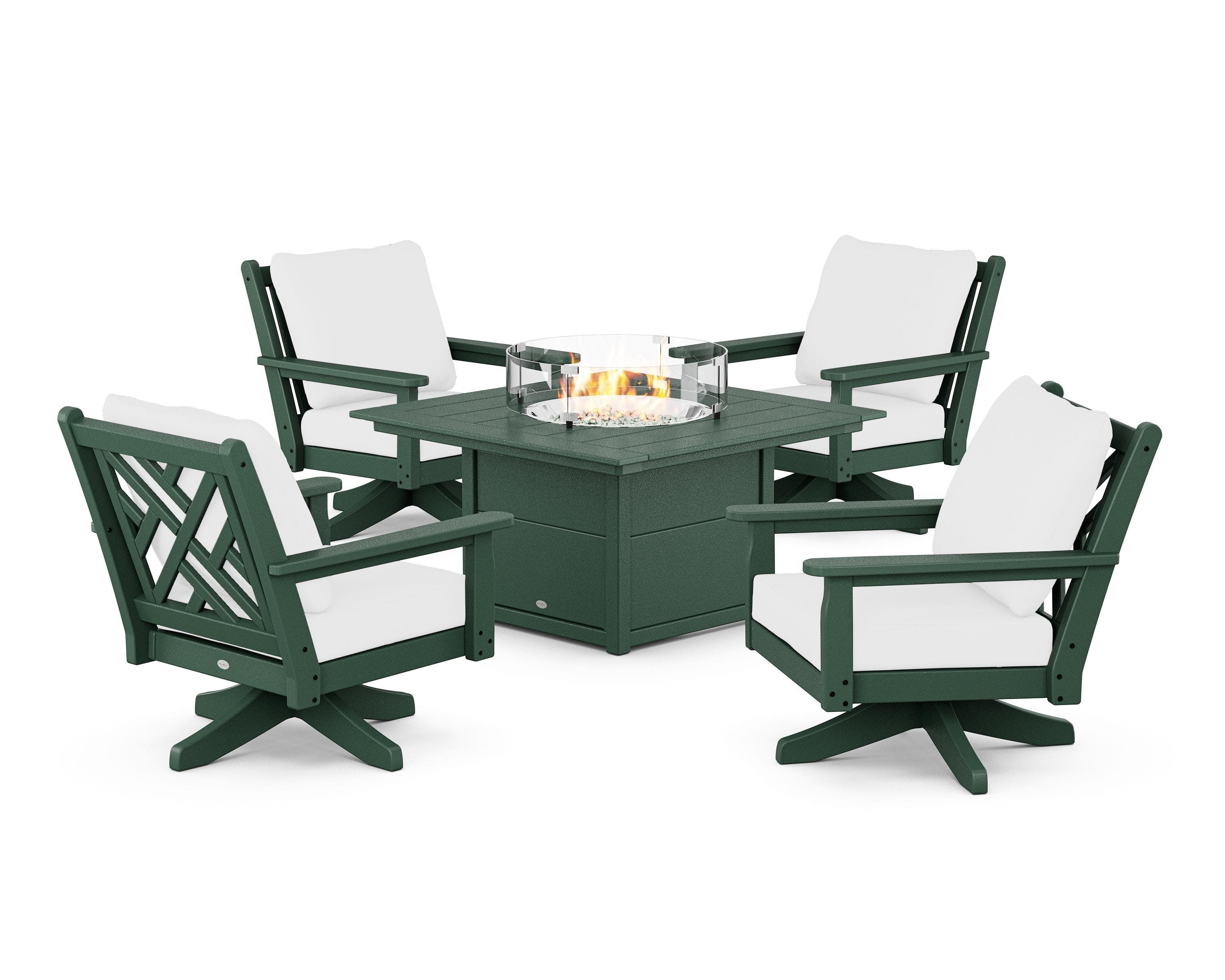 Chippendale 5-Piece Deep Seating Swivel Conversation Set with Fire Pit Table in Green / Natural