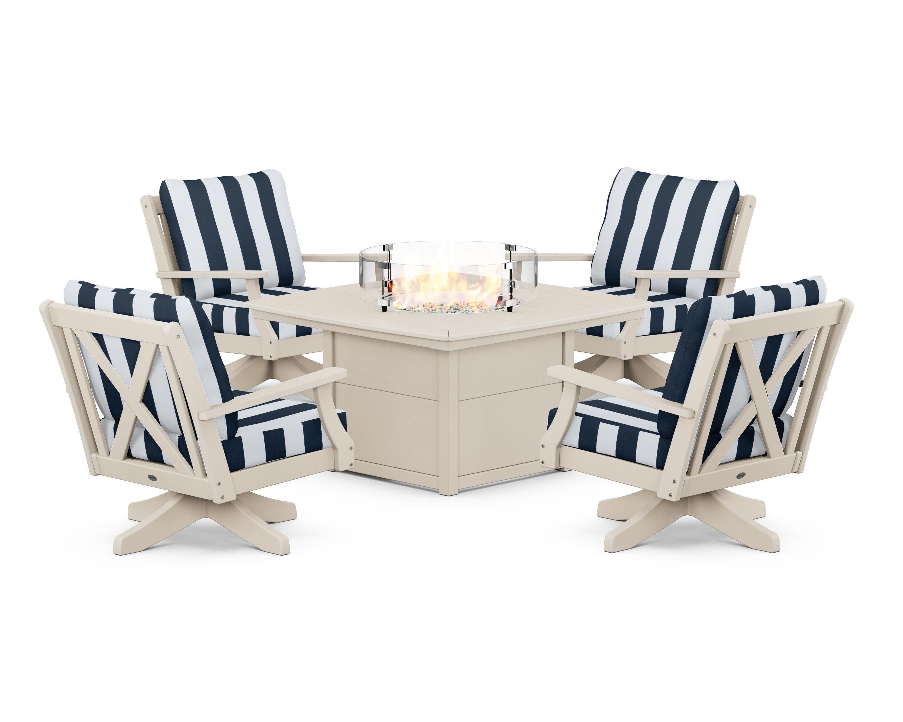 Braxton 5-Piece Deep Seating Swivel Conversation Set with Fire Pit Table in Sand / Cabana Stripe Marine Indigo